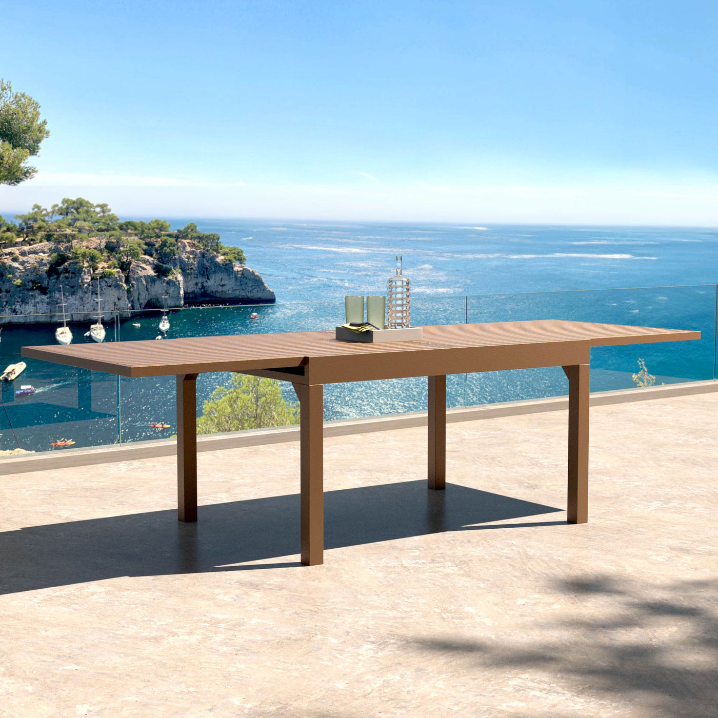 Table de jardin extensible Meublot Murano pour 10 personnes en aluminium bronze, 270 x 90 cm, design moderne et robuste.