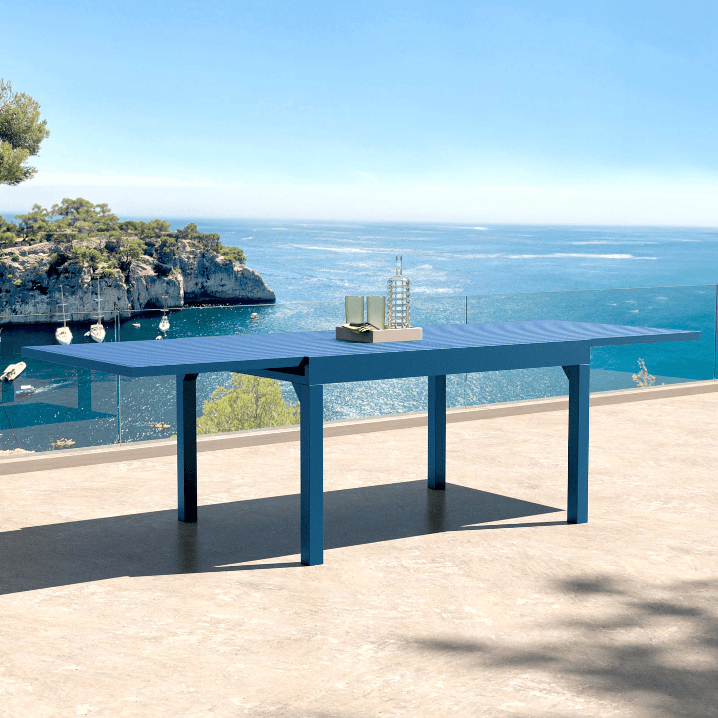 Table de jardin extensible Meublot en aluminium Murano, grande table carrée pour 10 places, 270 x 90 cm, design moderne.
