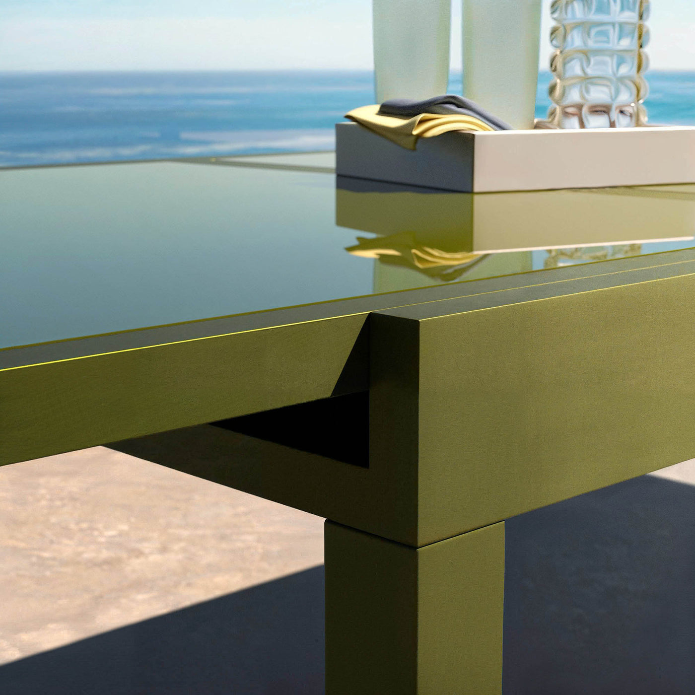 Table de jardin extensible Meublot en verre Murano vert, capacité 10 places, surface élégante de 270x90 cm.