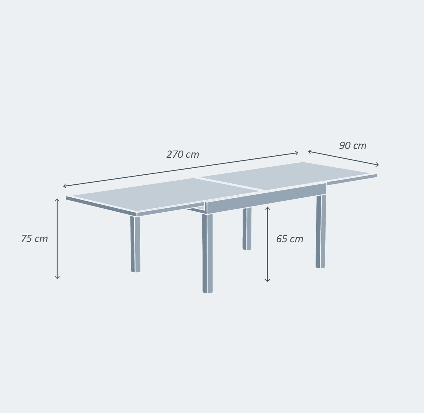 Table de jardin extensible Meublot en verre Murano, 10 places, avec surface en verre clair et structure robuste.