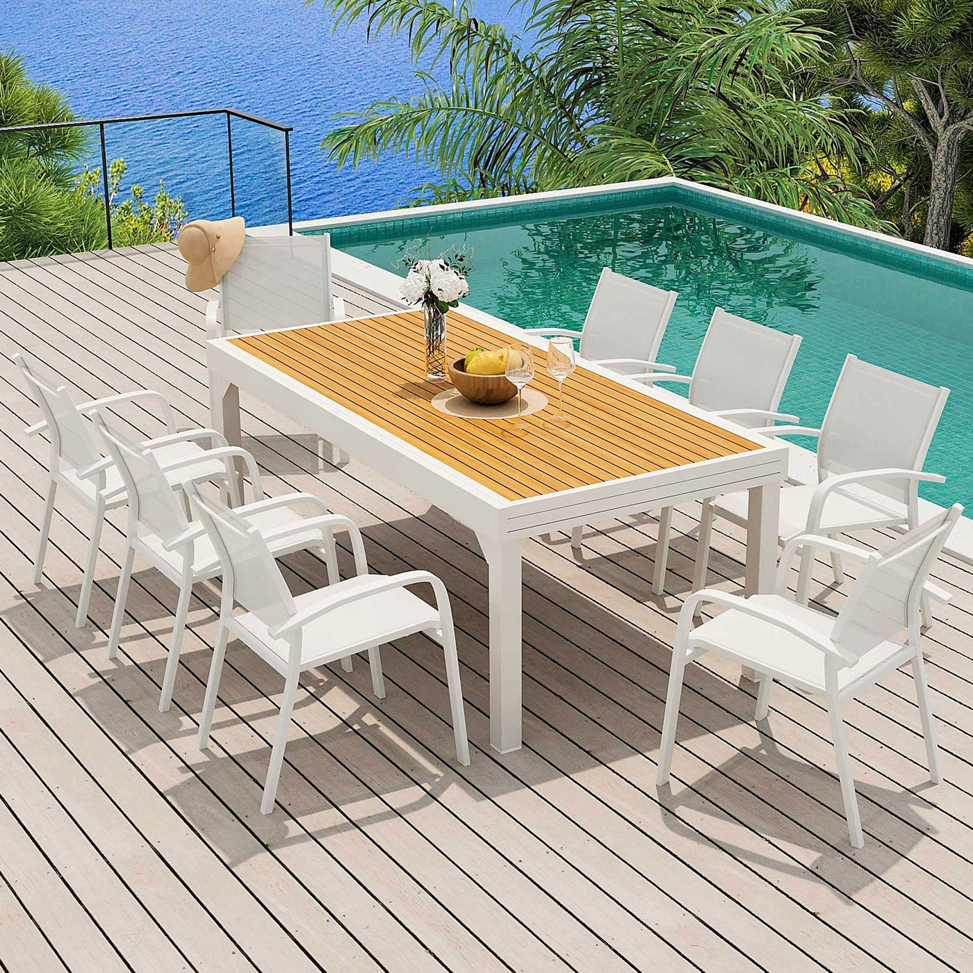 Table de jardin extensible Meublot pour 12 personnes, en aluminium effet bois Murano, fermée ou étendue, 200/320 x 100 cm.