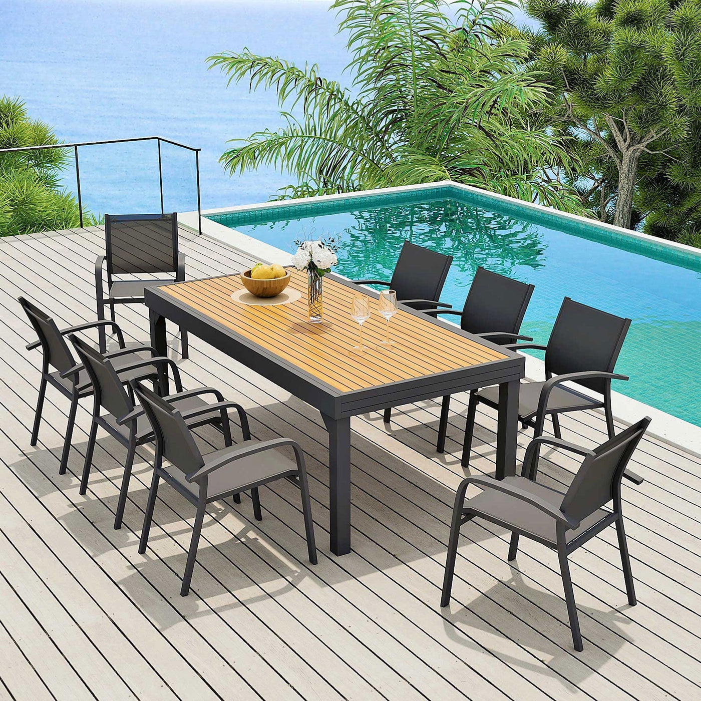 Table de jardin extensible Meublot en aluminium effet bois Murano, fond gris fermé, dimensions 200-320x100 cm, pour 12 personnes.
