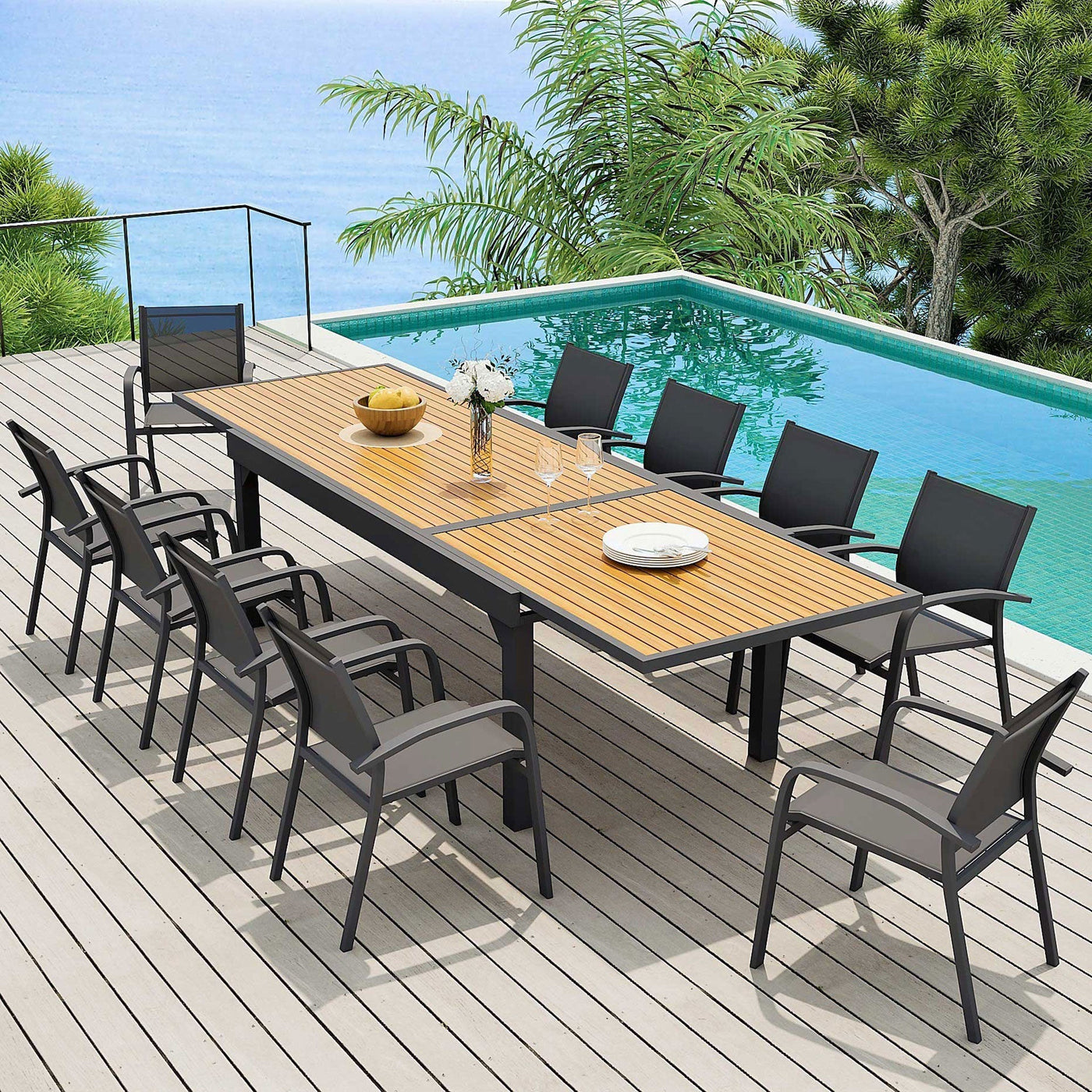 Table de jardin extensible Murano en aluminium effet bois, capacité 12 places, dimensions 200/320 x 100 cm, design moderne.