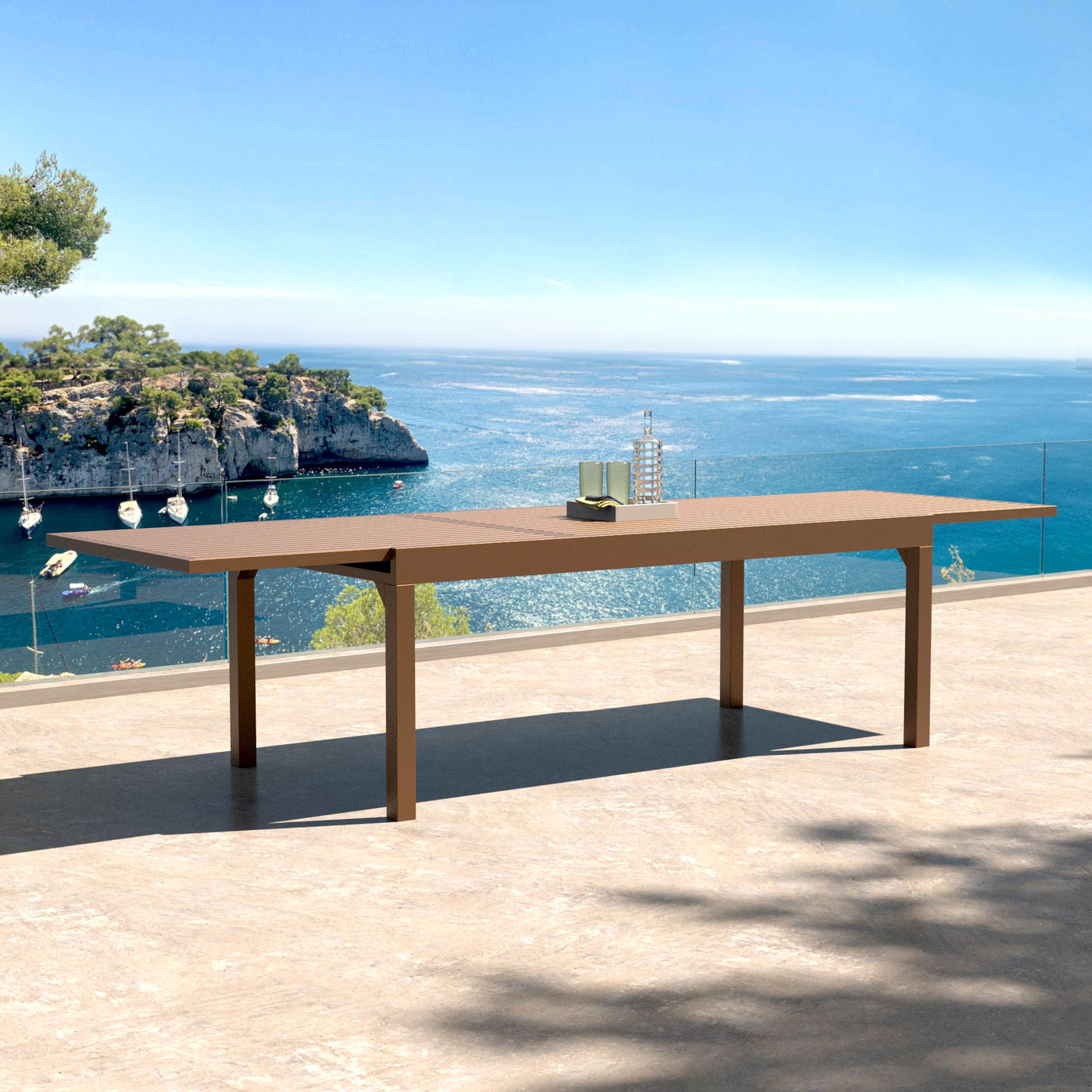Table de jardin extensible Meublot Murano en aluminium bronze, table spacieuse pour 12 personnes, dimensions 320 x 100 cm.