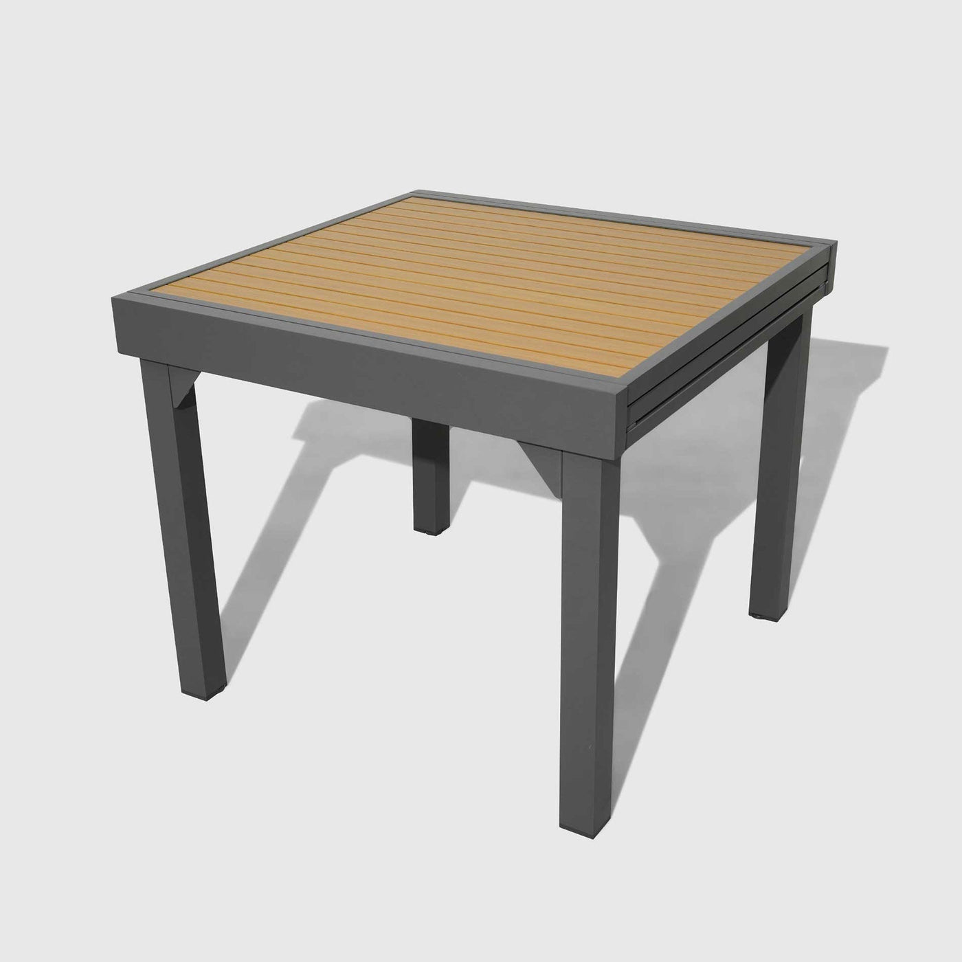 Table de jardin extensible 8 places en aluminium effet bois Murano, finition gris anthracite, vue fermée.