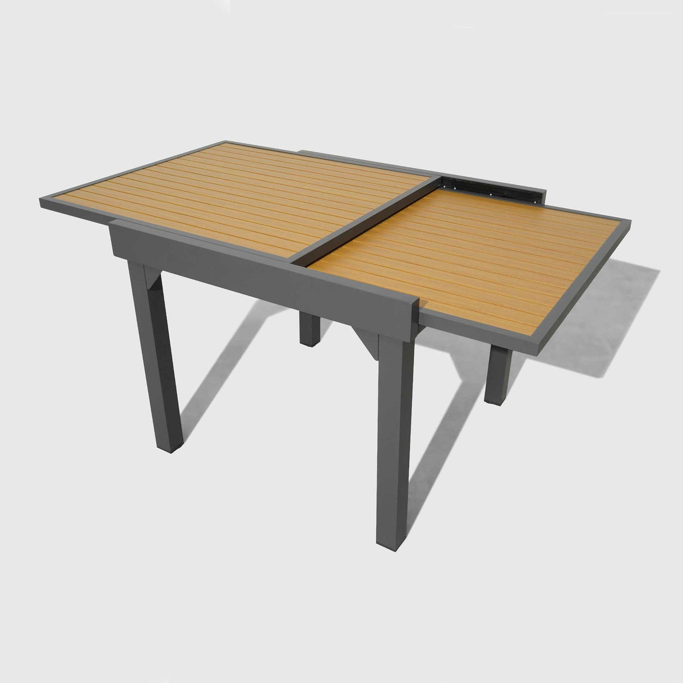 Table de jardin extensible Meublot, table en aluminium effet bois gris anthracite, 8 places, dimensions 90/180x90 cm.