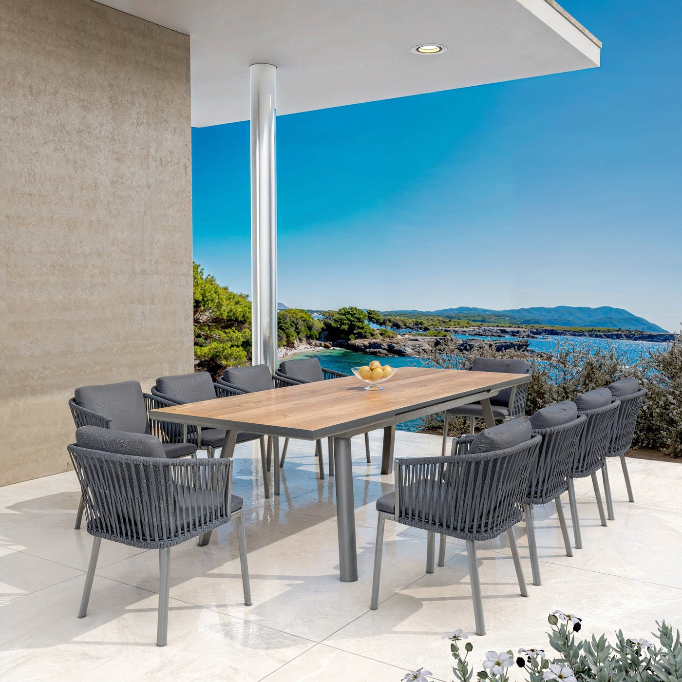 Table de jardin extensible automatique Meublot Amalfi en aluminium anthracite, 10 places, dimensions 200/260x96 cm