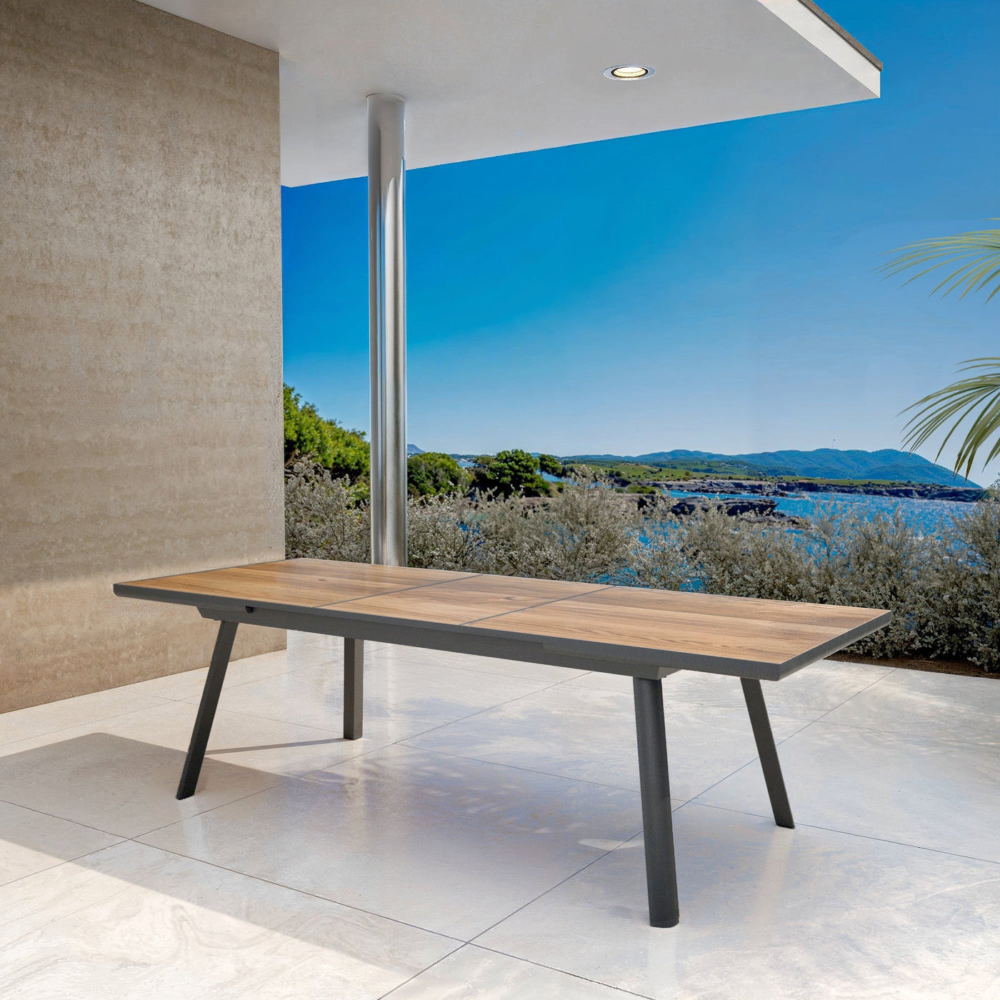 Table de jardin extensible automatique Meublot Amalfi en aluminium anthracite, ouverte, pour 10 places, dimensions 200/260x96 cm.