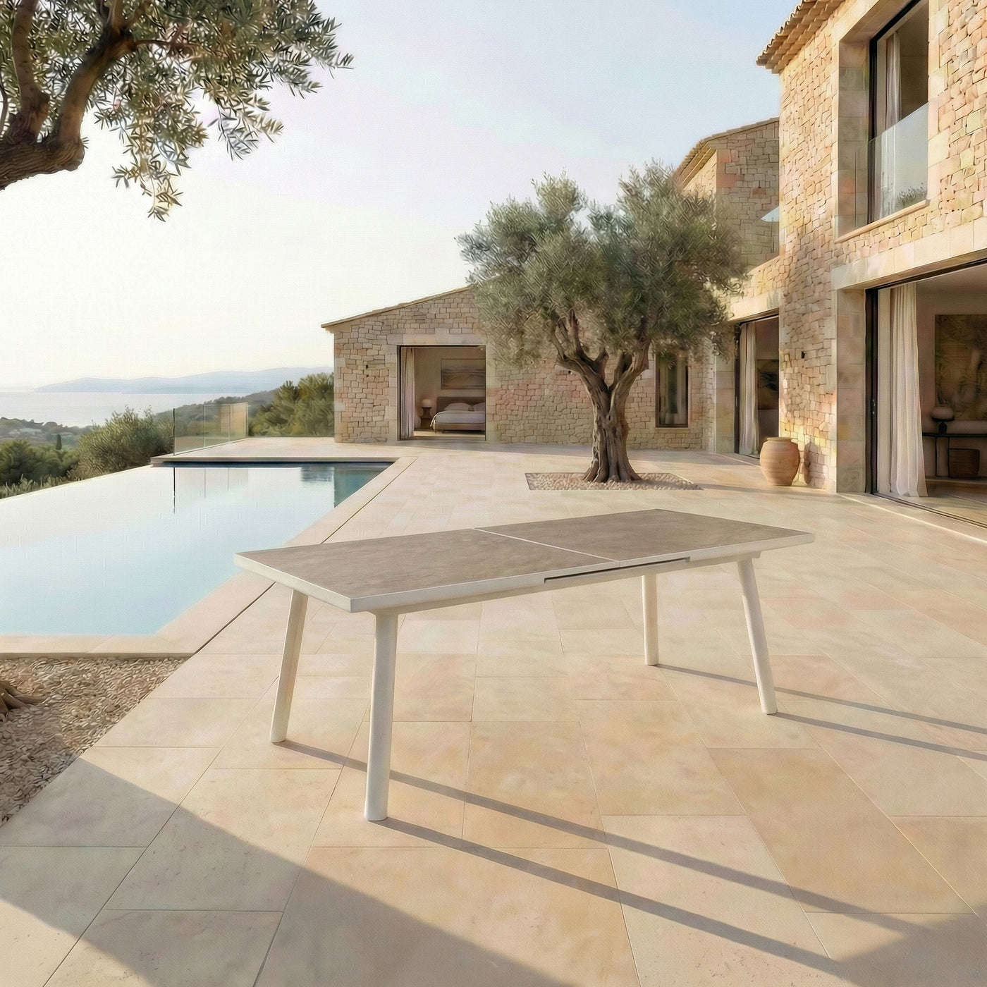 Table de jardin extensible automatique Meublot Amalfi en aluminium, 12 places, 240/300x96 cm, design moderne.