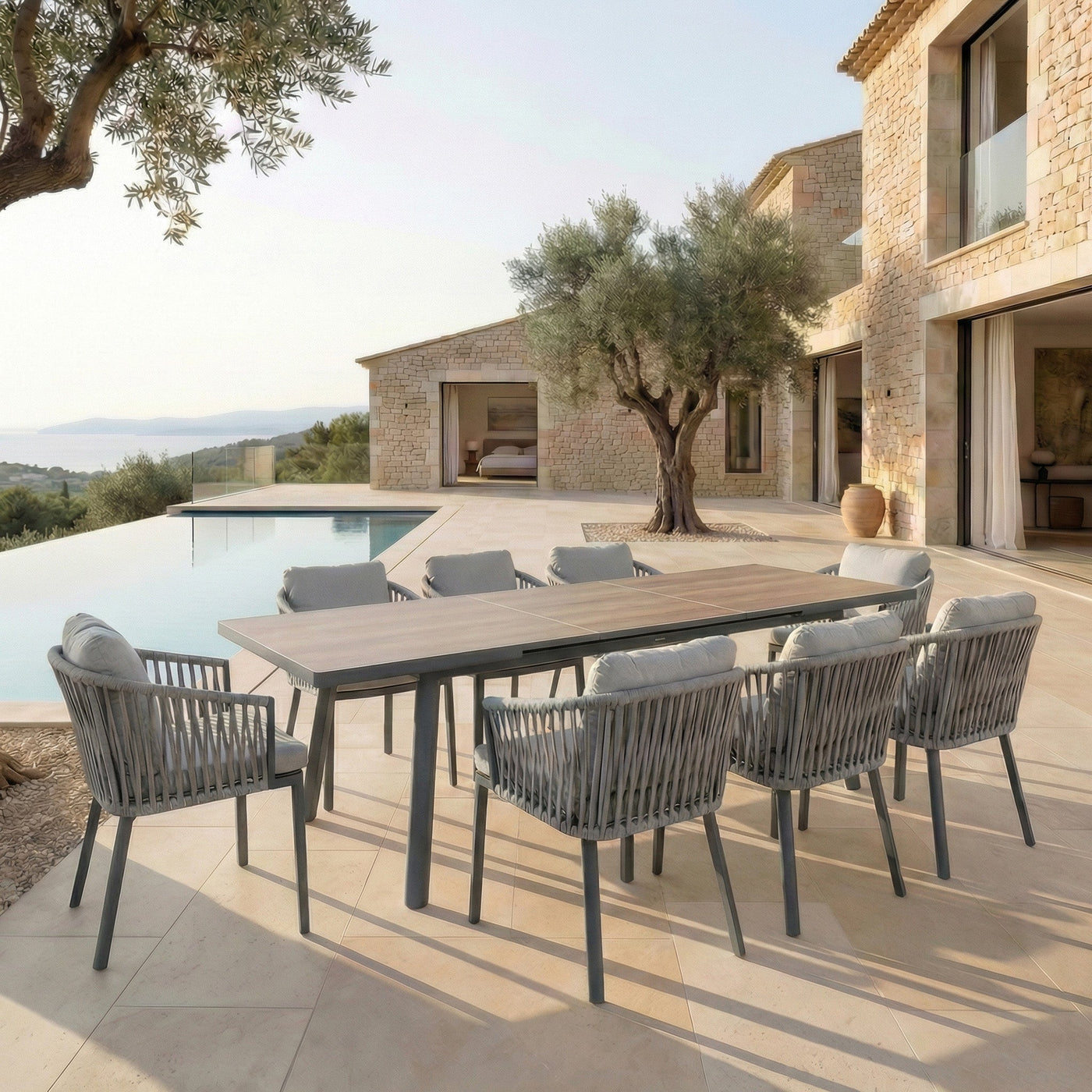 Table de jardin extensible automatique Meublot en aluminium Amalfi pour 12 personnes, 240/300x96cm, moderne et résistante.