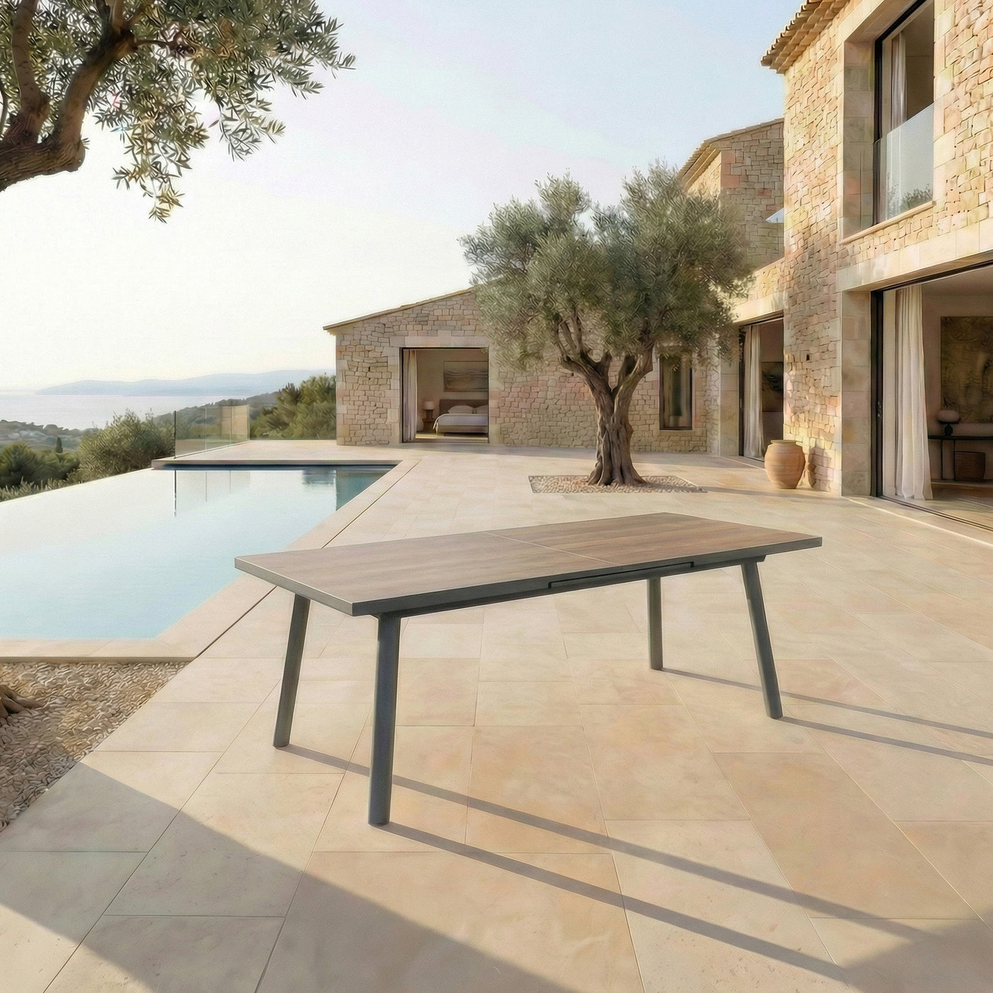 Table de jardin extensible automatique Meublot en aluminium Amalfi, capacité 12 places, 240/300x96cm, moderne et résistante.
