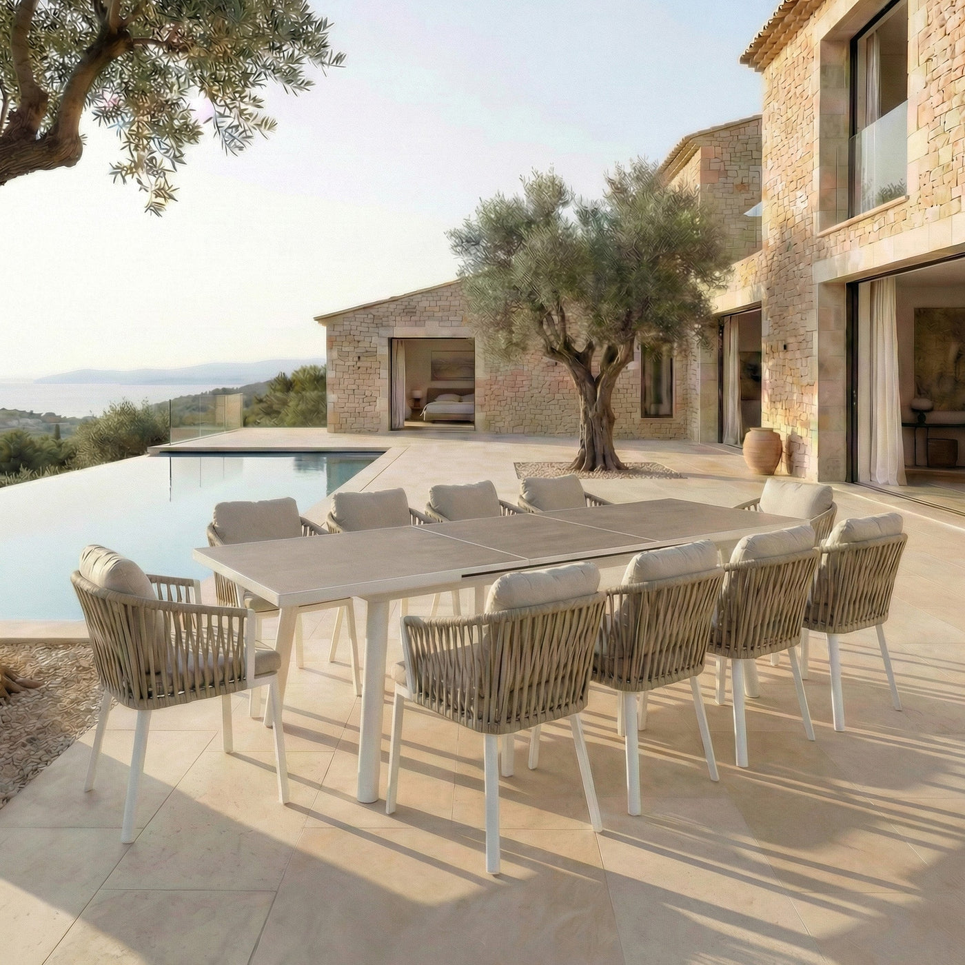 Table de jardin extensible automatique Meublot en aluminium Amalfi, 12 places, avec surface de 240/300x96cm, design moderne
