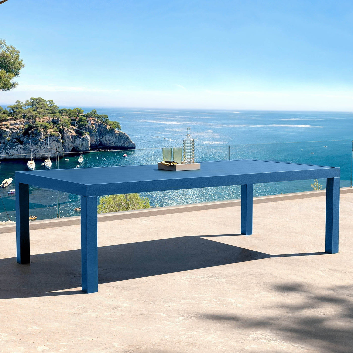 Table de jardin Murano fixe rectangulaire 10 places, dimensions 240x120cm, en bois bleu, par Meublot.
