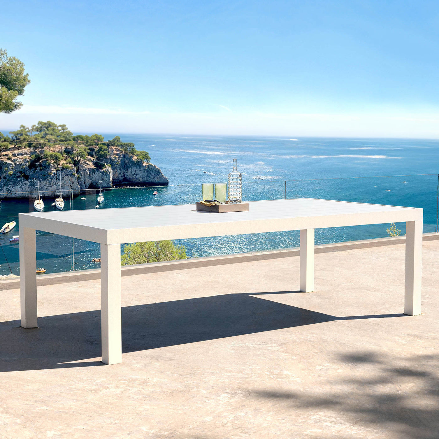 Table de jardin Murano fixe rectangulaire pour 10 personnes, table blanche en bois de 240x120cm, par Meublot.