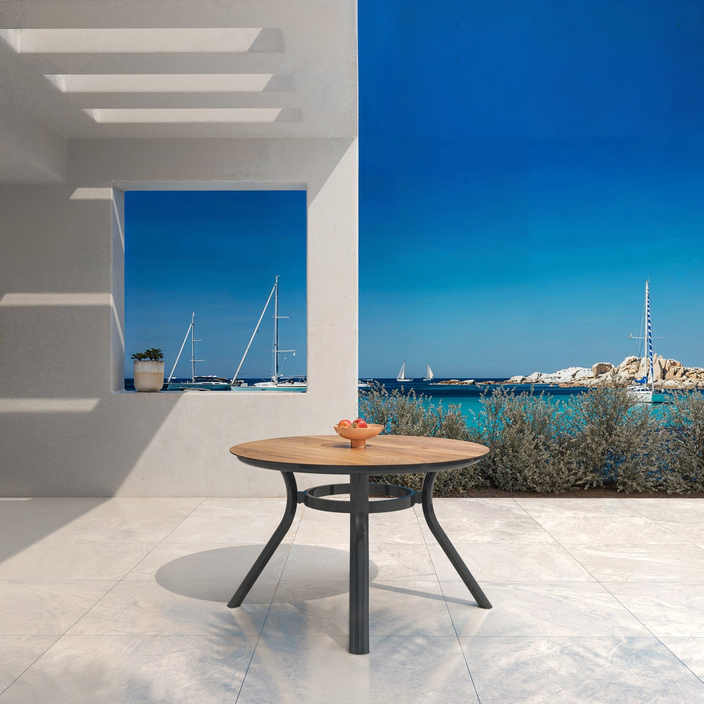 Table de jardin ronde pour 5 places Amalfi de Meublot, surface grise avec design élégant, diamètre D120 cm.