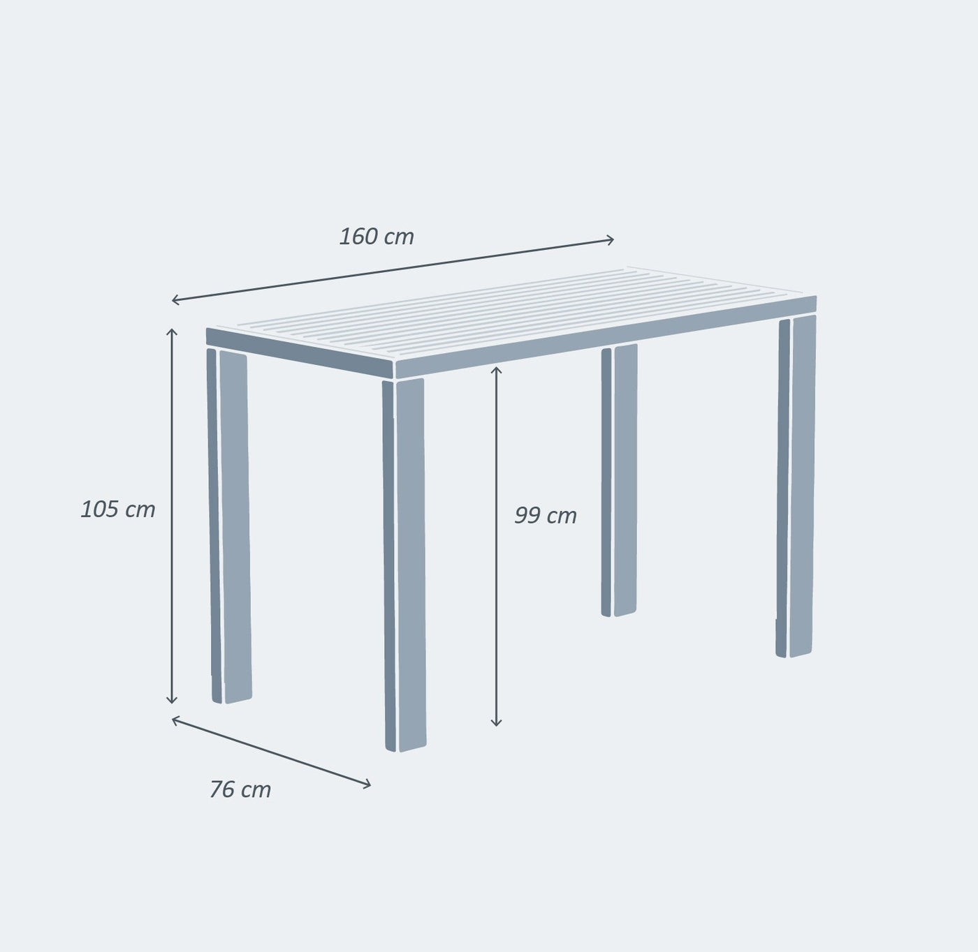 Table haute en aluminium Murano pour 6 personnes, surface en verre, dimensions 160 x 76 cm, meuble moderne et élégant.