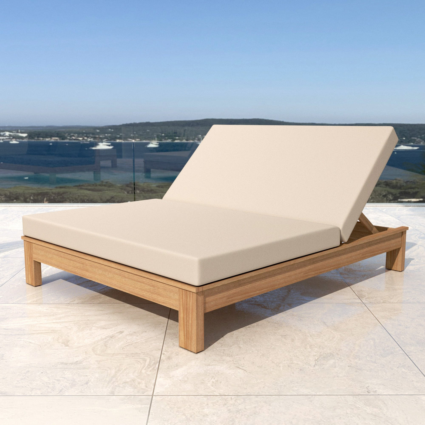 Transat double Bornéo de Meublot en tissu beige, bain de soleil confortable pour deux personnes.