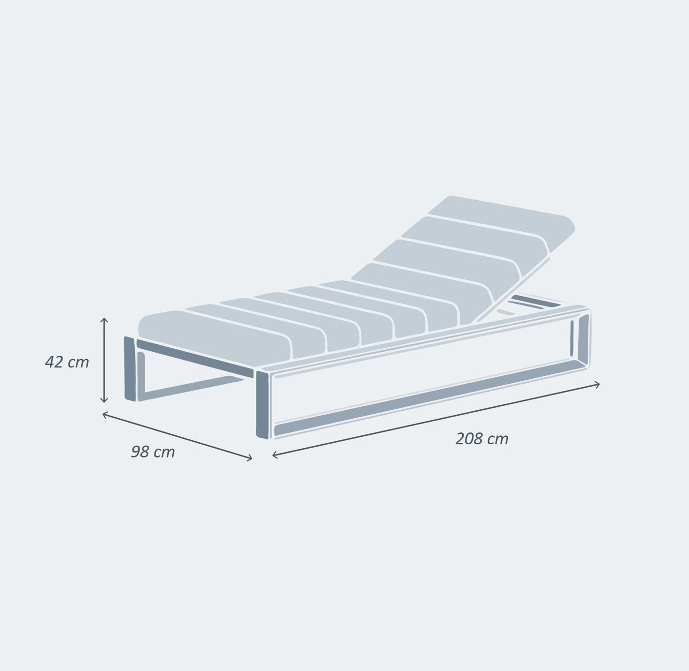 Transat Elba en aluminium, chaise longue pour bains de soleil, design élégant de la marque Meublot, vue de face.