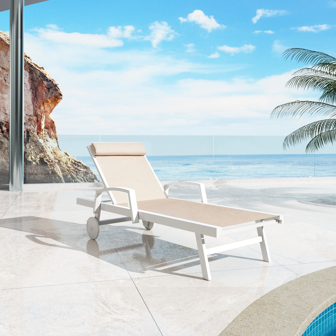 Transat Pirae de Meublot en tissu beige, avec cadre en bois pour bain de soleil relaxant, visible en image.