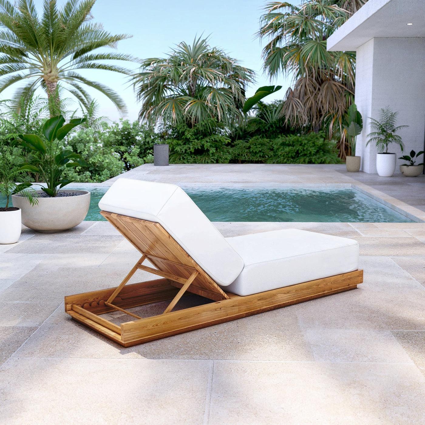 Transat Zanzibar blanc pour bains de soleil de la marque Meublot, vue de dos, confortable et élégant pour l'extérieur.