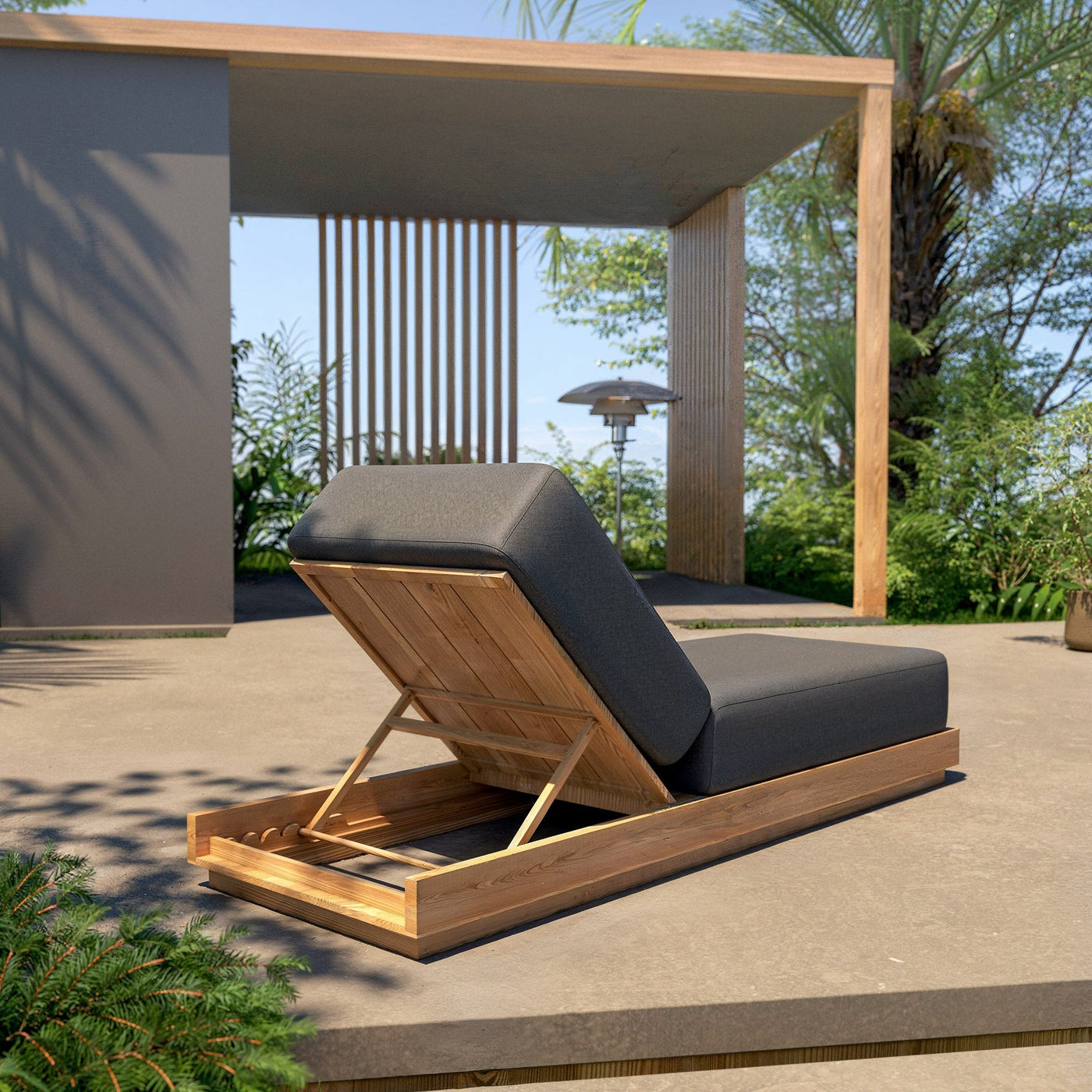 Transat Zanzibar gris de Meublot, bain de soleil avec structure en bois et coussin rembourré pour détente en extérieur