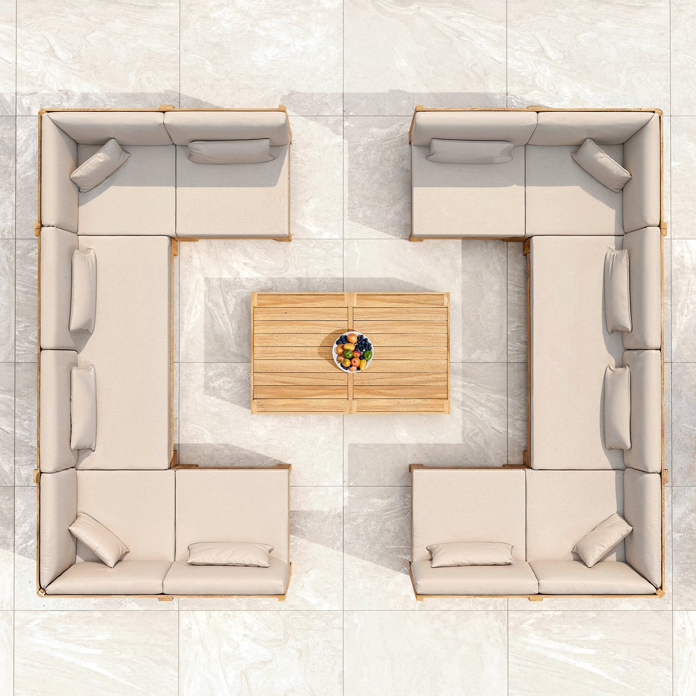 Canapé d'angle de jardin Bornéo de Meublot, vue de dessus, en tissu beige, avec coussins et structure en bois robuste.