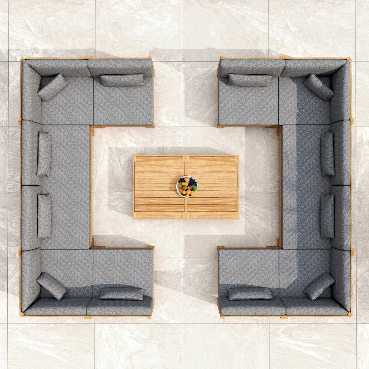 Canapé d'angle de jardin Bornéo de Meublot, vue de dessus montrant les coussins confortables et la structure en bois.