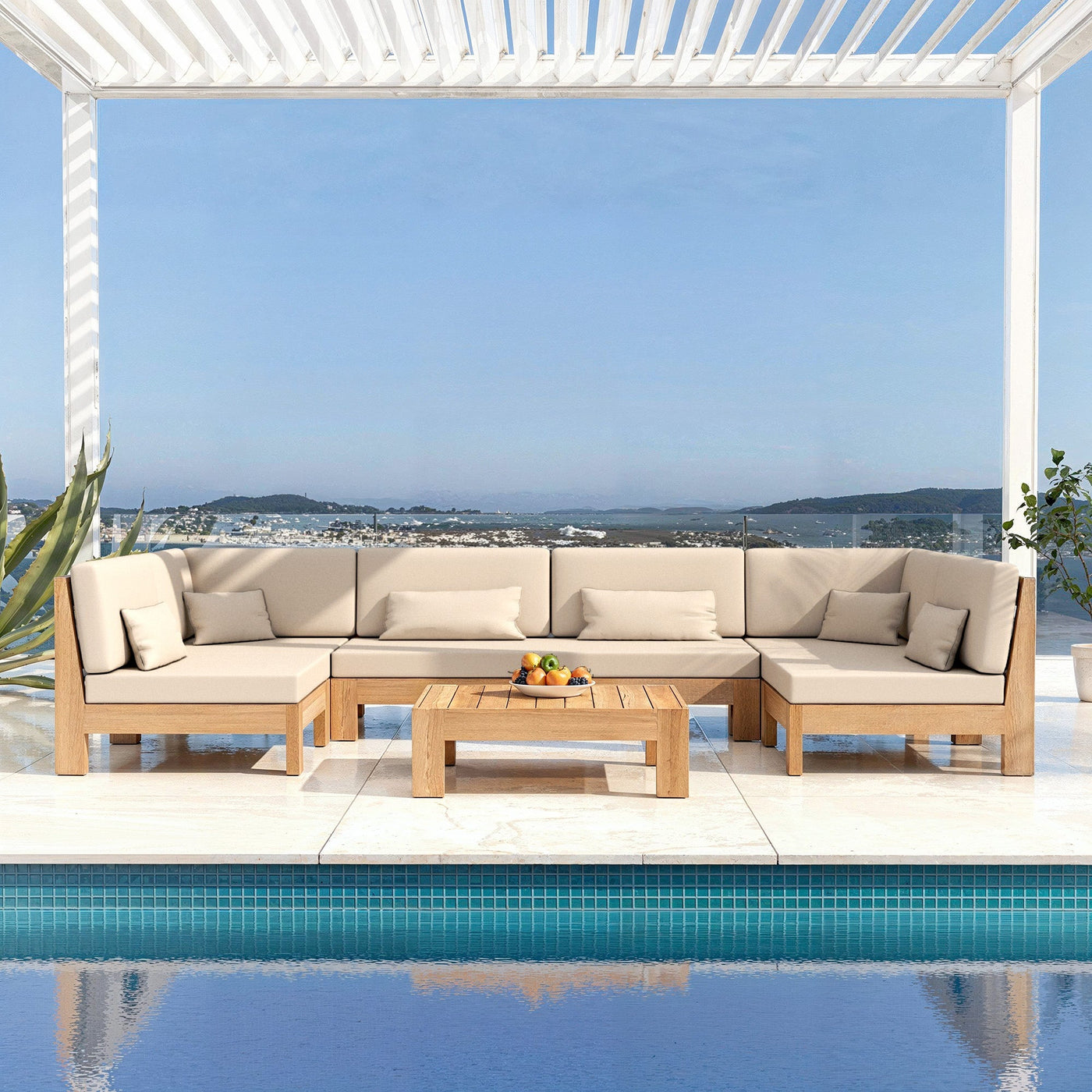 Canapé d'angle de jardin Meublot Bornéo en beige avec coussins, idéal pour l'extérieur et le confort.