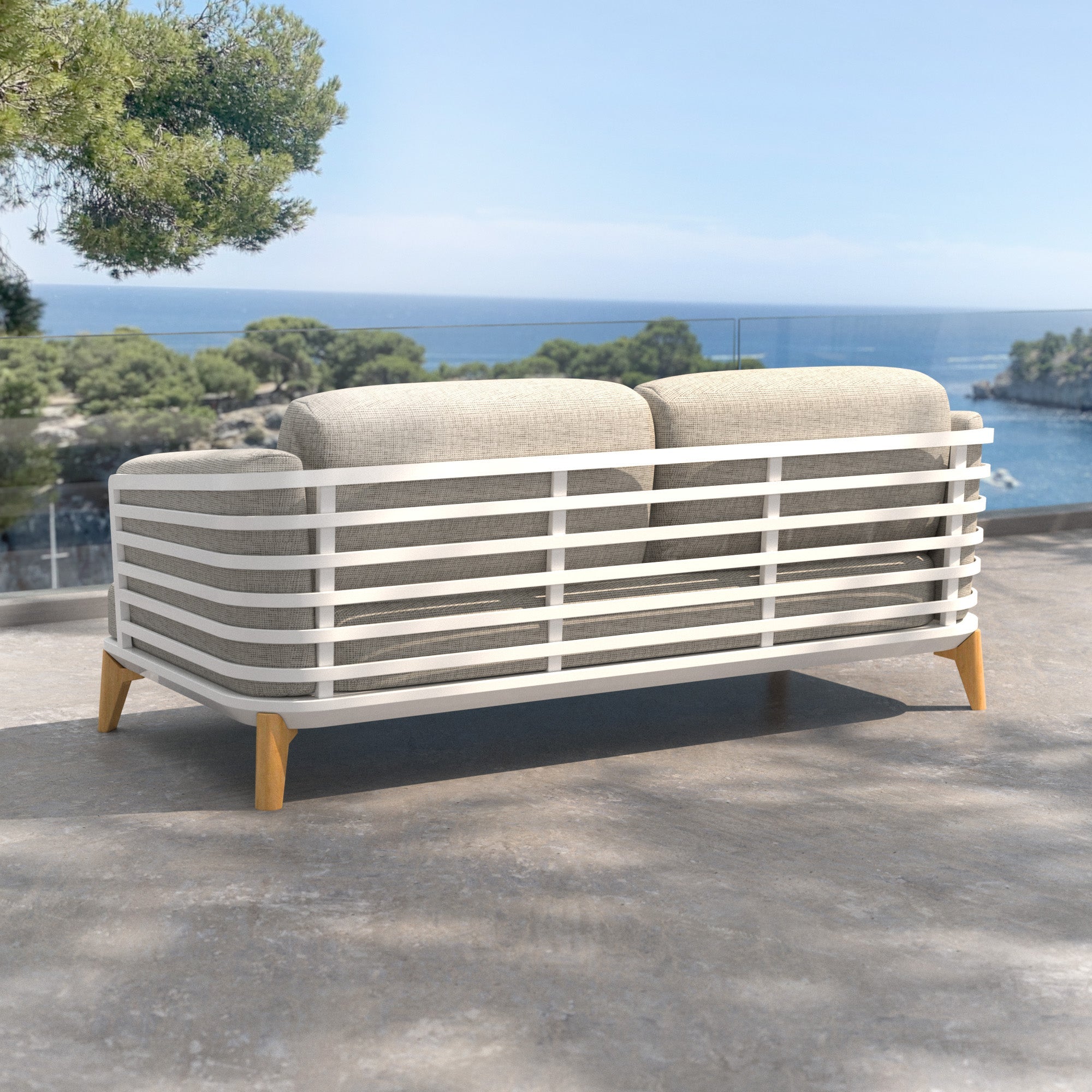 Canapé de jardin 2 places Monte Carlo de Meublot, assise blanche, avec dossier et bras, conçu pour l'extérieur.