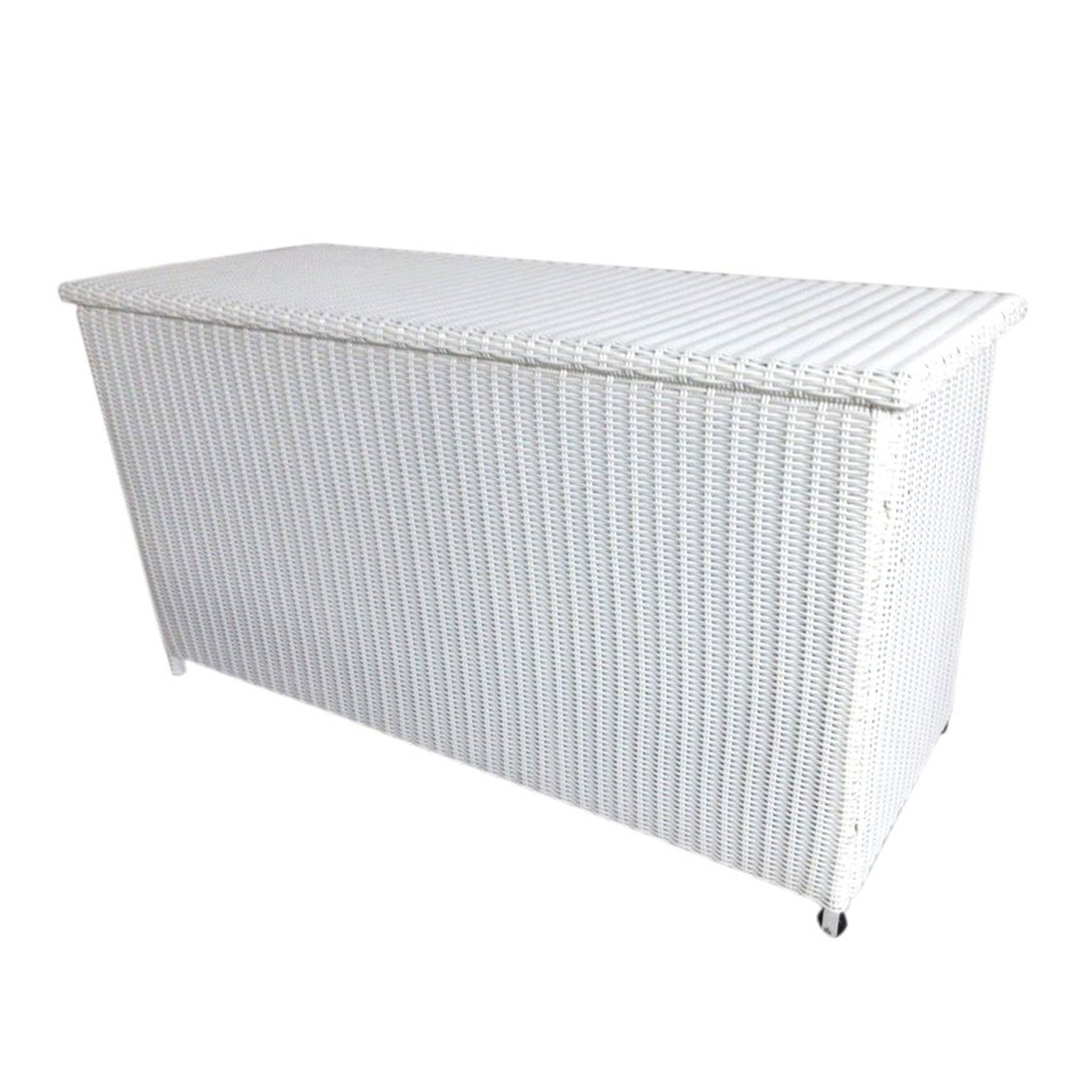 Coffre de rangement Calvi blanc pour jardin, coffre de jardin Meublot, espace de stockage extérieur élégant et pratique