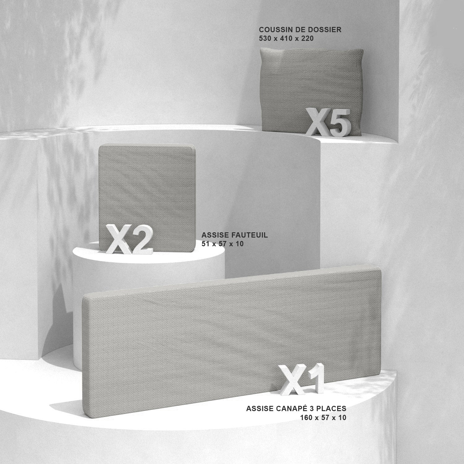 Coussins de remplacement taupe pour fauteuils et canapés du salon de jardin Calvi 5 places, marque Meublot.