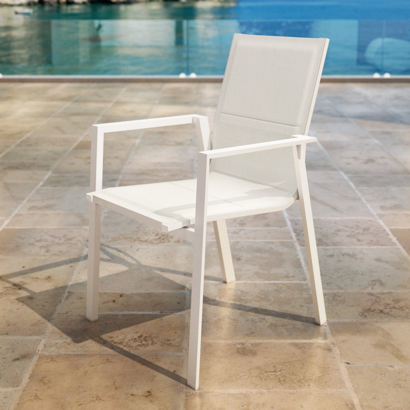 Fauteuil de jardin empilable Portofino de Meublot, chaise en blanc avec structure en métal, idéale pour extérieur élégant