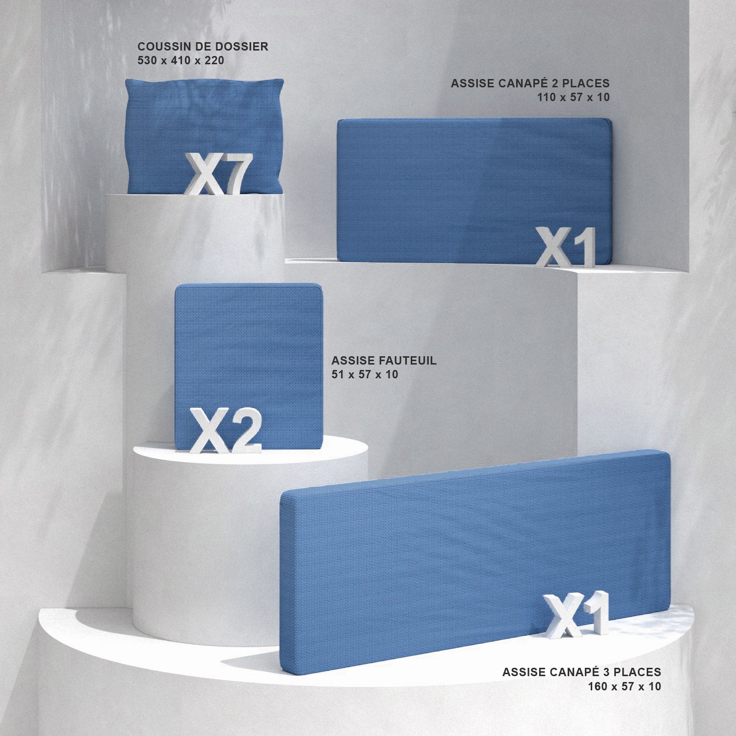 Housse de coussins bleue pour salon de jardin Calvi 7 places, coussins de remplacement pour fauteuils et canapés Meublot