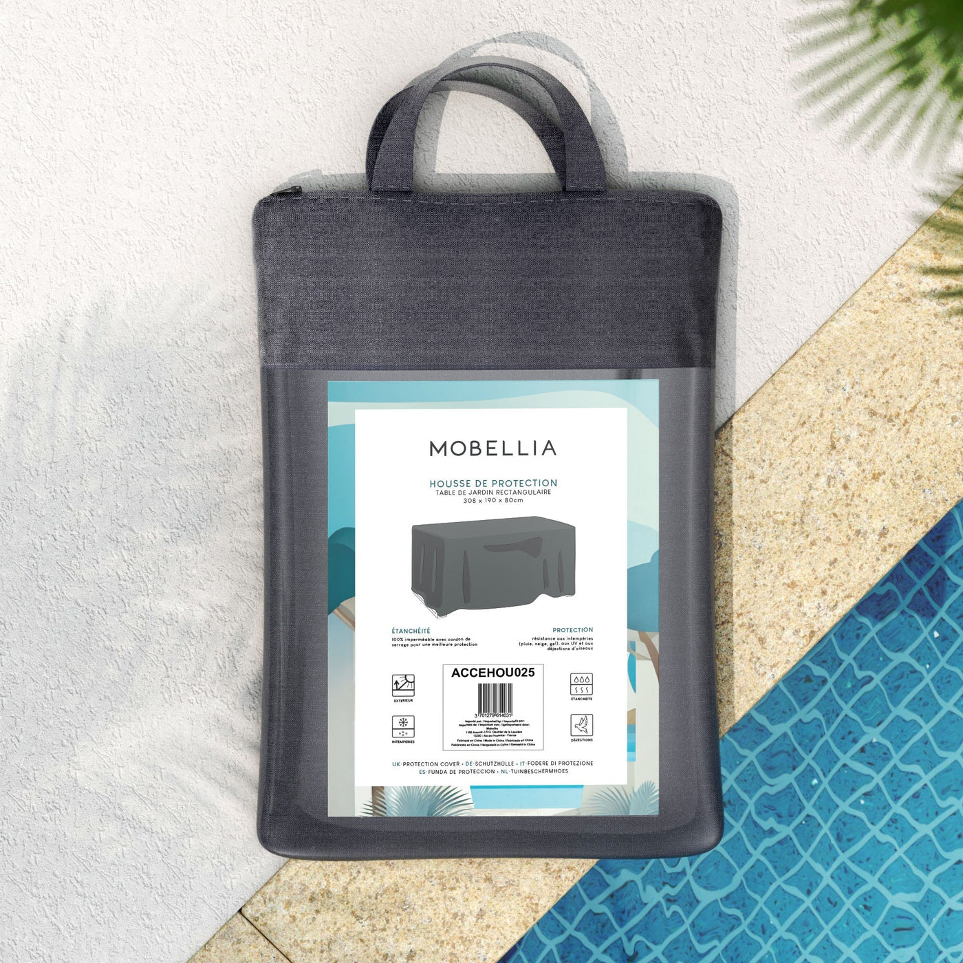 Housse de protection imperméable pour table rectangulaire Meublot, résistante à l'eau et aux intempéries, en tissu durable.