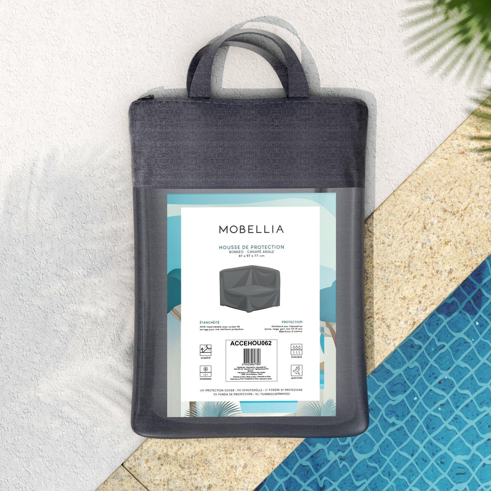 Housse de protection pour canapé d'angle Bornéo en tissu durable, ajustée pour un style moderne et confortable.