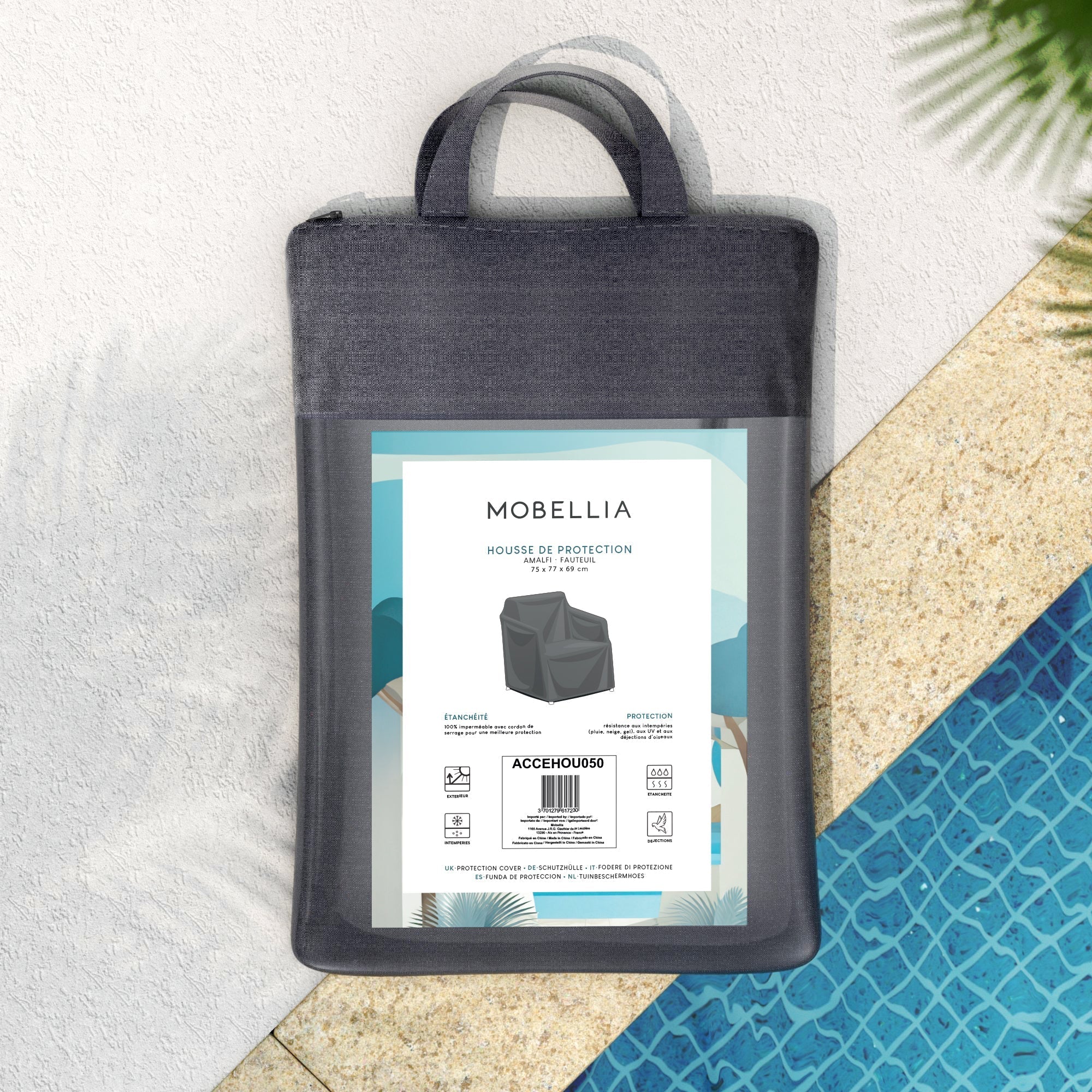 Housse de protection pour fauteuil Amalfi de Meublot, en tissu durable, couvrant le fauteuil avec élégance et confort.