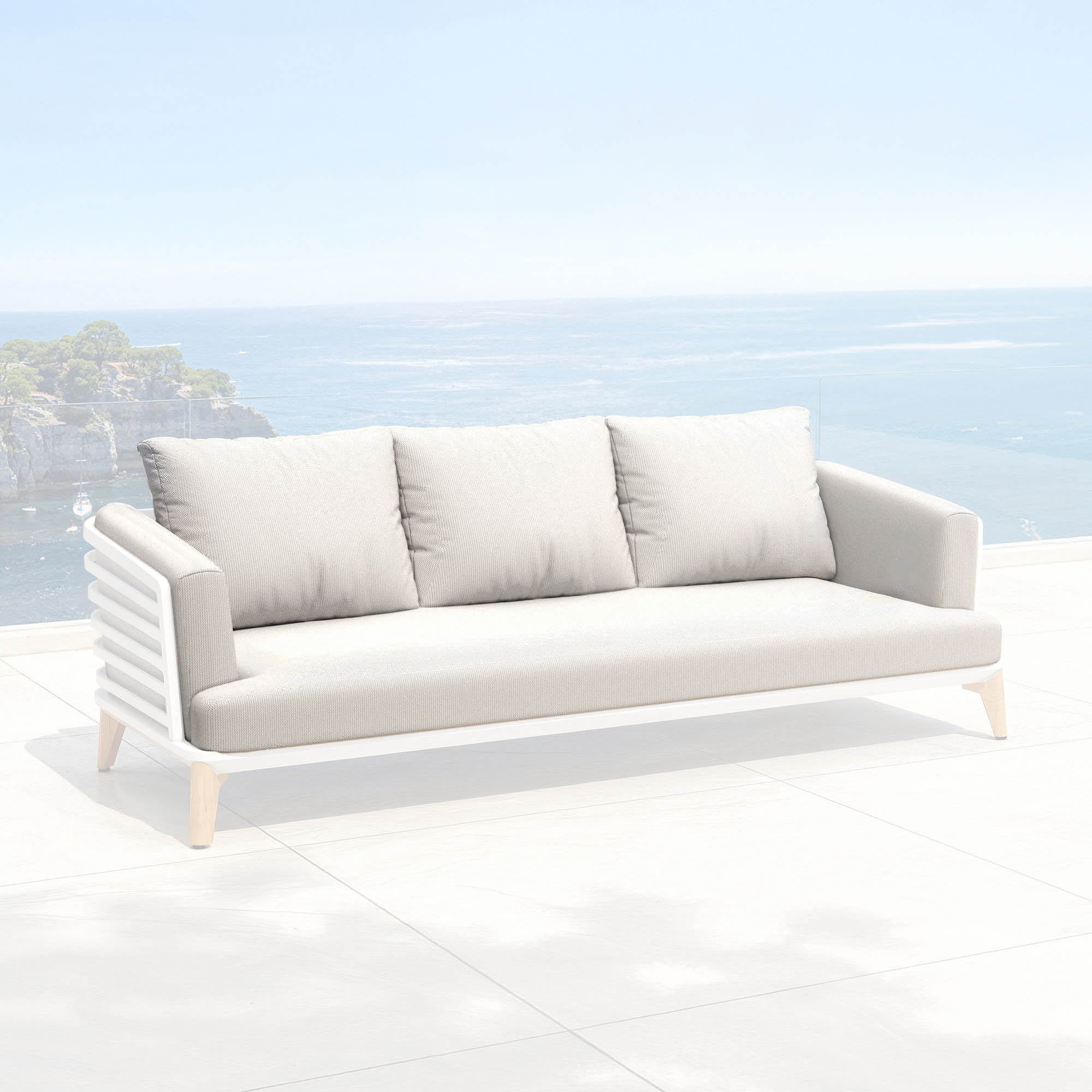 Housse de coussin pour canapé 3 places Monte Carlo, style blanc et gris nuage, de la marque Meublot, en tissu élégant.