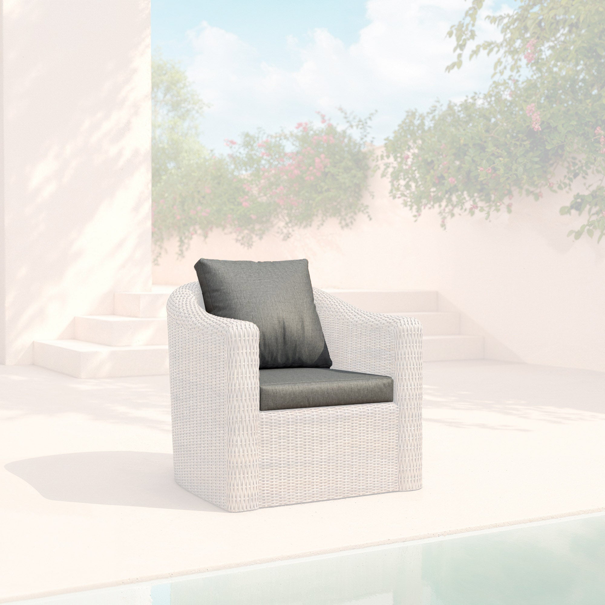 Housse de coussin pour fauteuil Calvi de Meublot en tissu sepia anthracite, avec motif élégant et finition soignée.