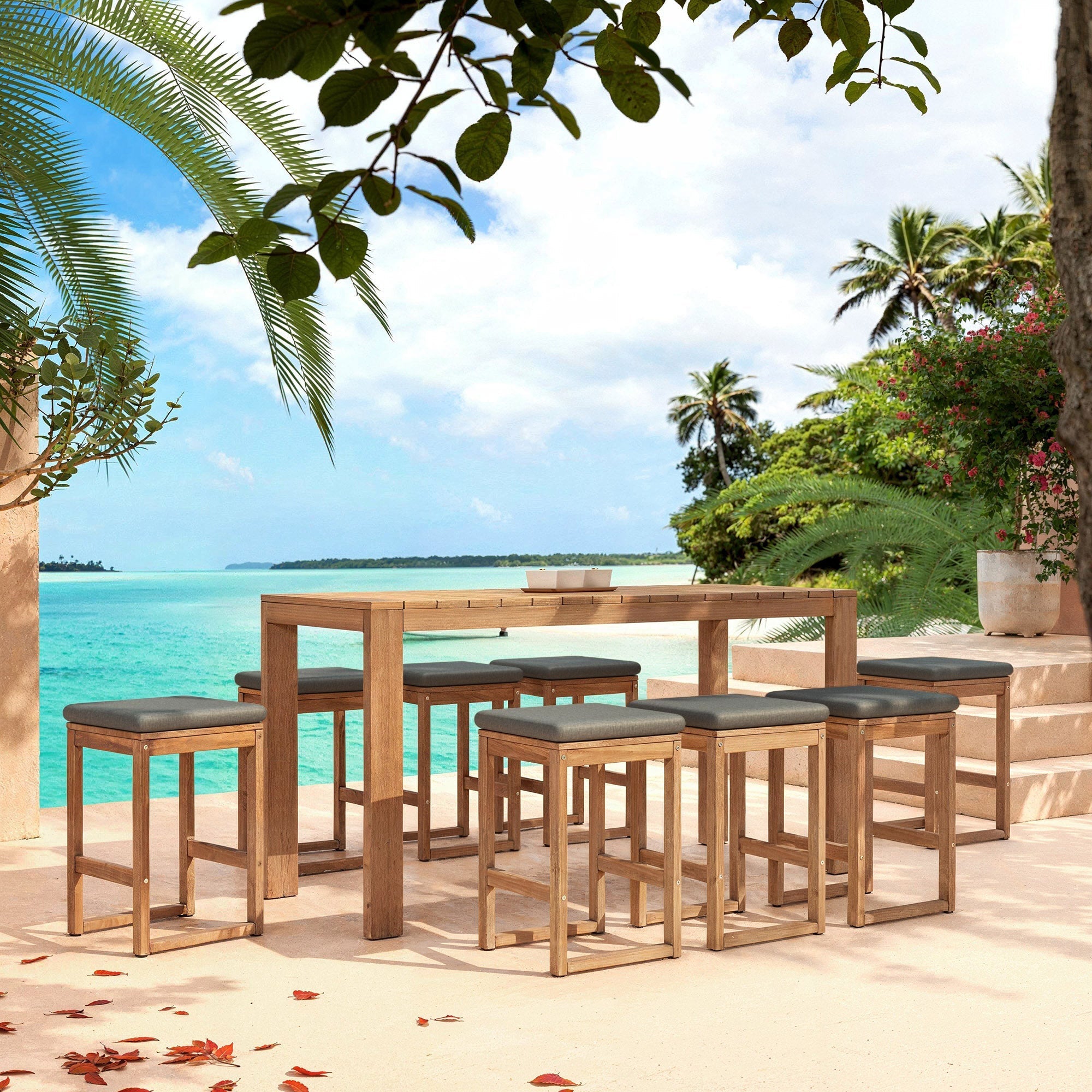 Deux tabourets de jardin gris Bornéo de la marque Meublot, en bois avec assises confortables pour extérieur.