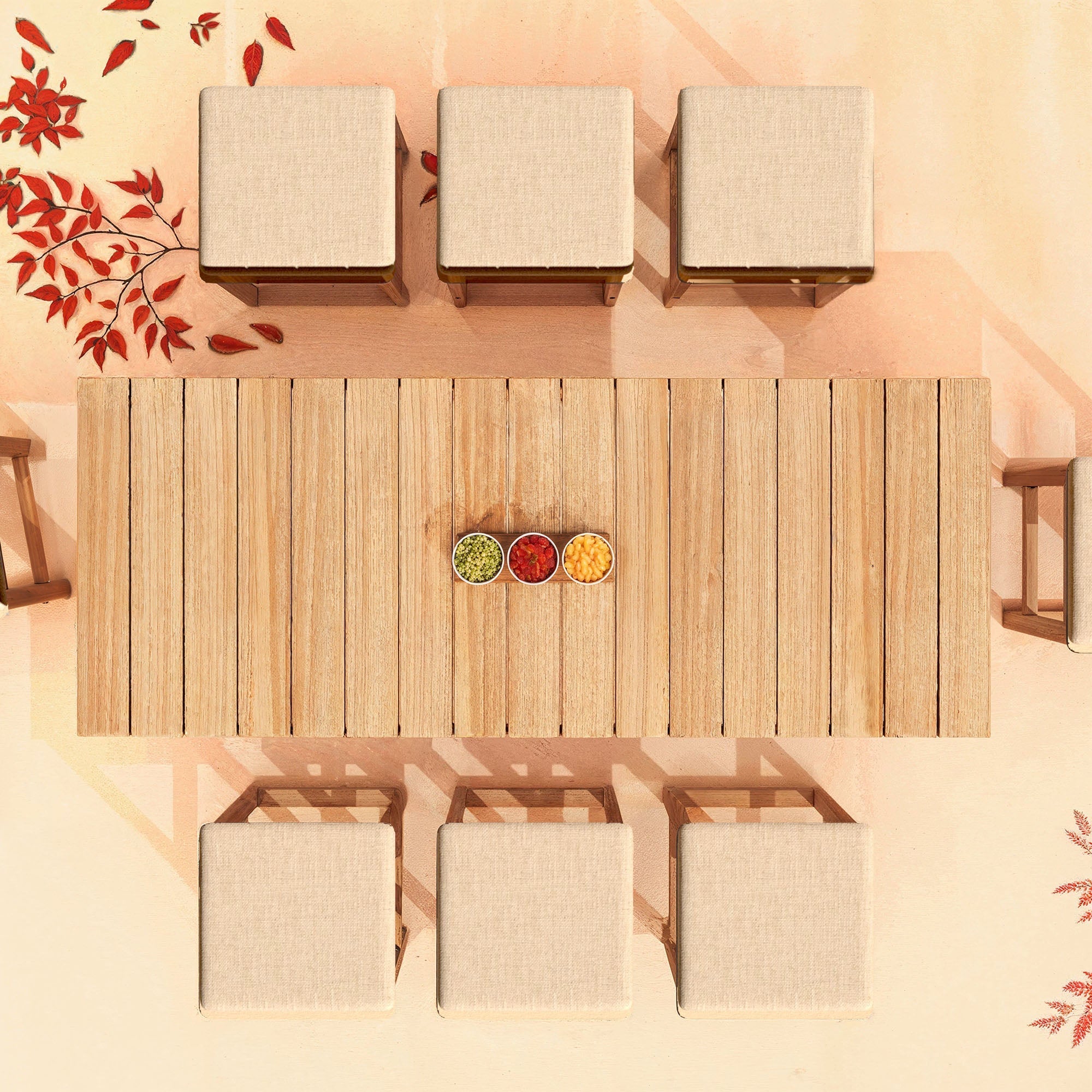 Deux tabourets de jardin Bornéo de Meublot en bois beige, vus de dessus, parfaits pour l’extérieur.