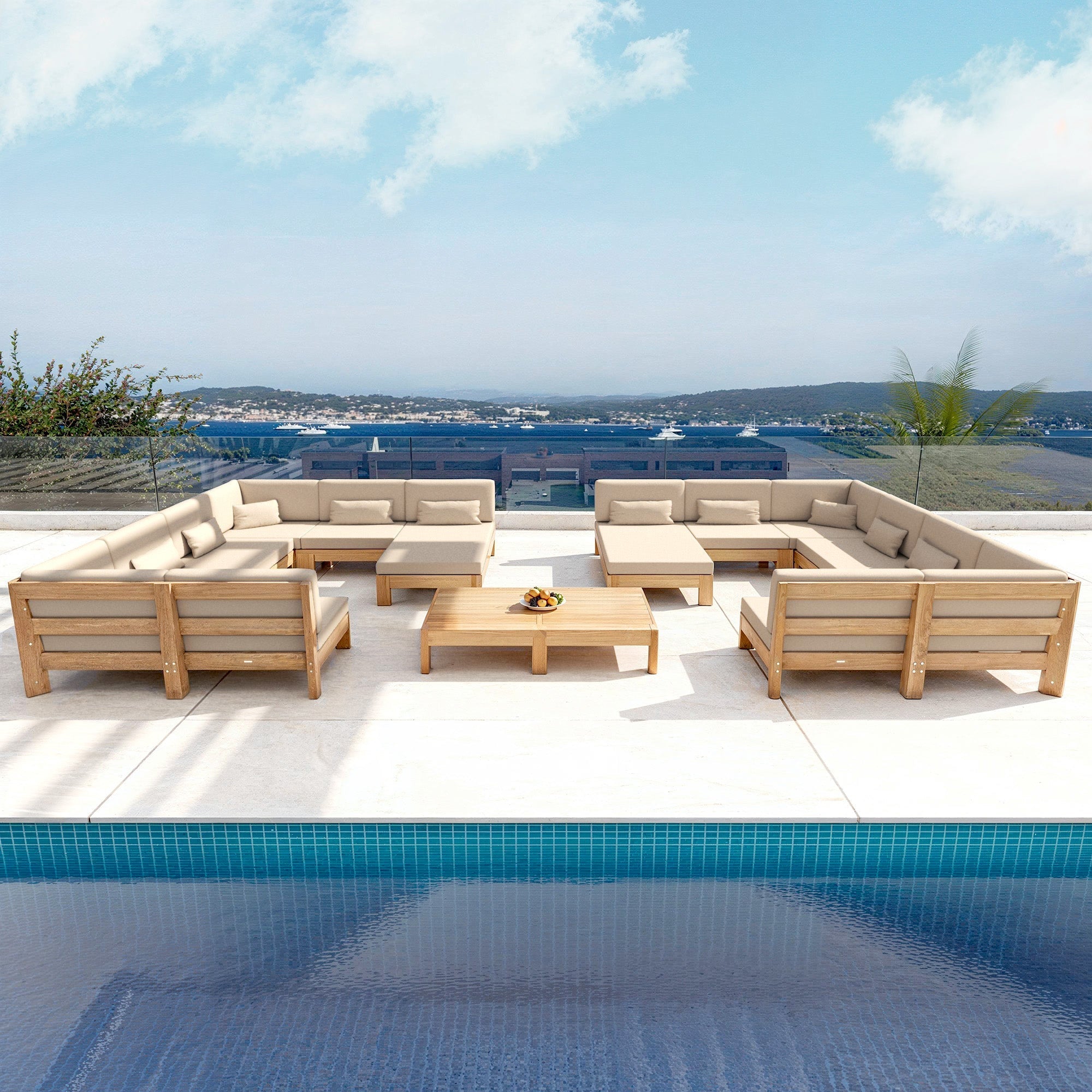 Canapé méridienne de jardin Bornéo de Meublot, design beige avec coussins confortables et structure en bois naturel.