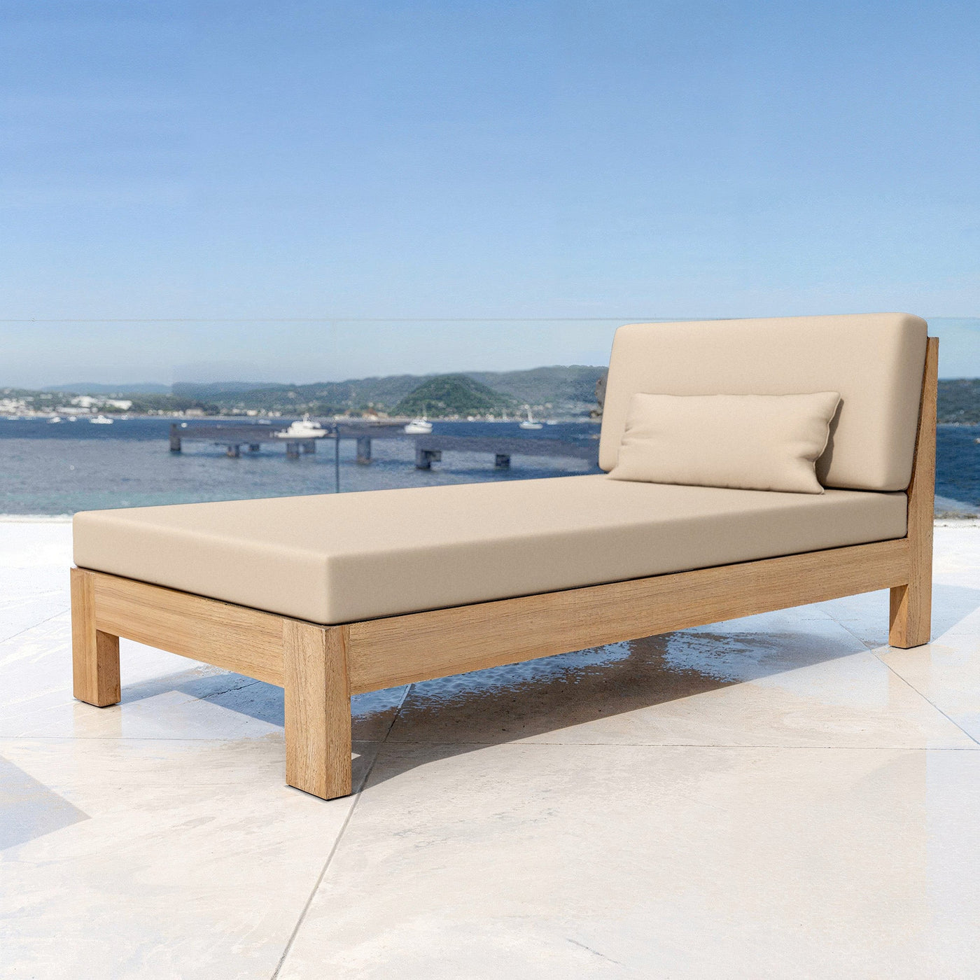 Canapé méridienne de jardin Bornéo Meublot beige avec coussins confortables et structure en bois pour extérieur élégant.