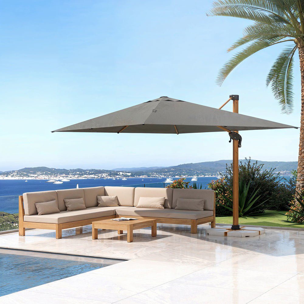 Parasol déporté Yucatan en bois avec pied orange, parasol et voile d'ombrage pour extérieur, 4x3m, marque Meublot