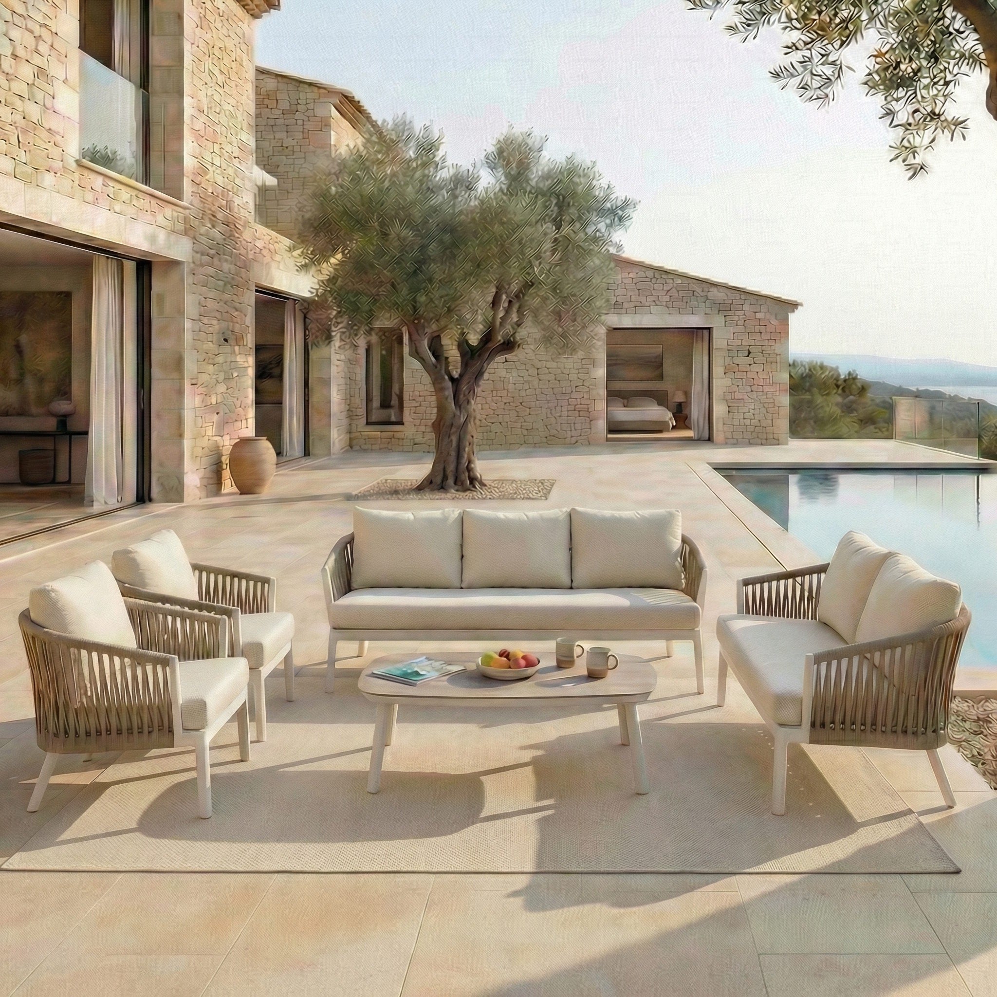 Salon de jardin Amalfi 7 places de Meublot avec table et chaises en beige et blanc, vue d'ensemble élégante.