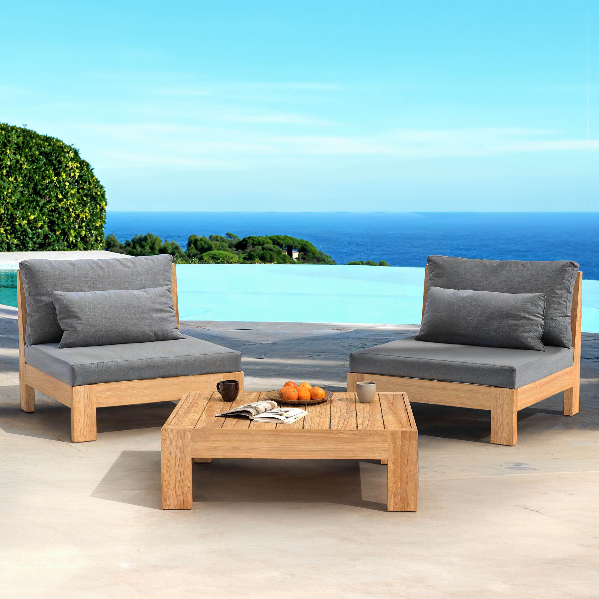 Salon de jardin Bornéo 2 places de Meublot avec coussins anthracite, en bois résistant pour extérieur.