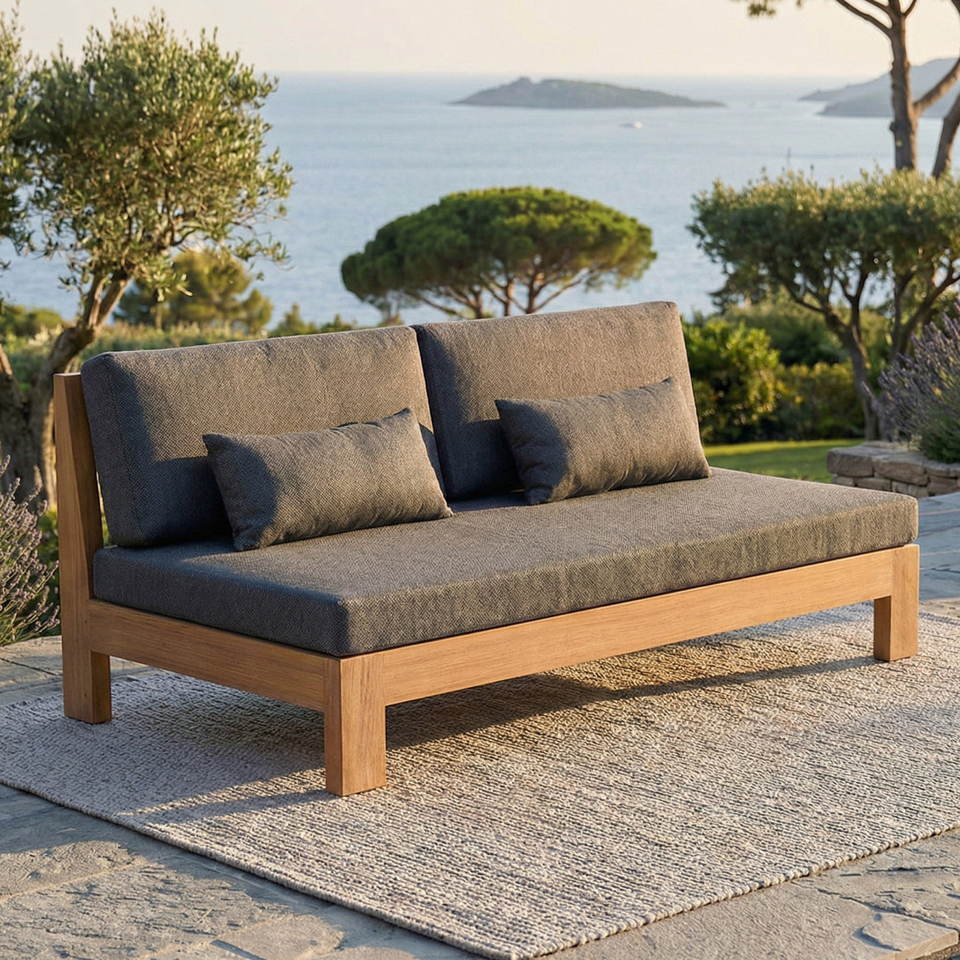 Canapé de jardin Bornéo 8 places de Meublot, fauteuils et table en anthracite, espace extérieur confortable et élégant.