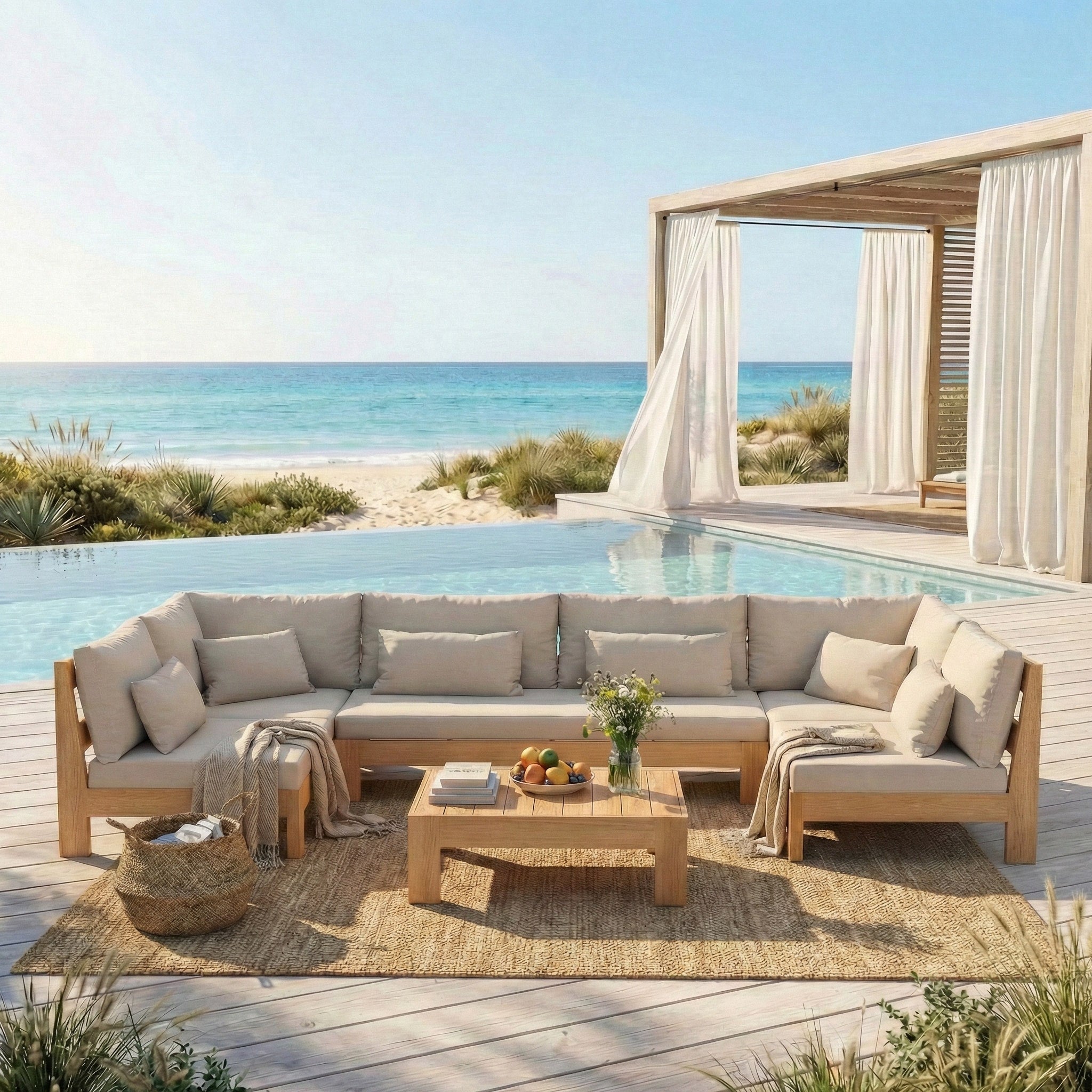 Salon de jardin d'angle Bornéo 7 places en teck, mobilier extérieur élégant et spacieux, conçu par Meublot.