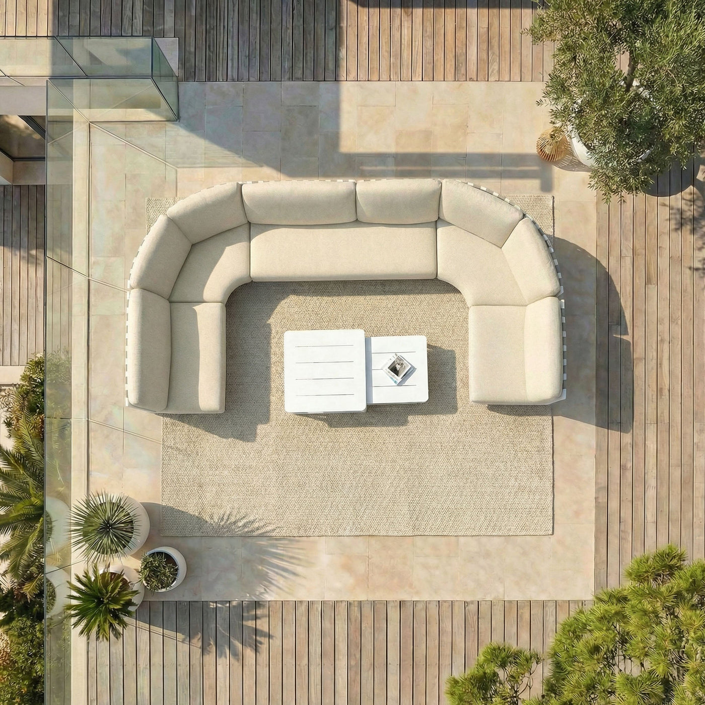 Salon de jardin d'angle Long Beach pour 6 personnes, ensemble de meubles de jardin Meublot avec coussins confortables.