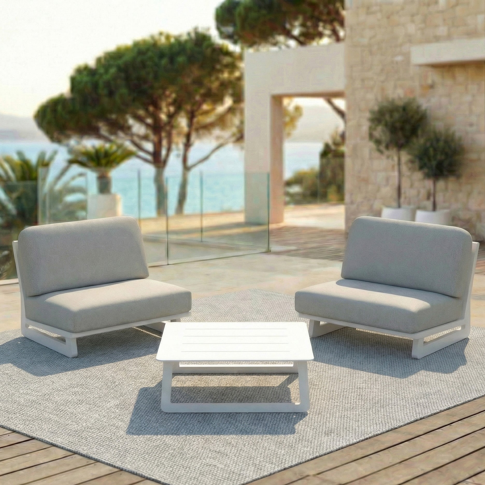Coin salon de jardin Long Beach pour 2 personnes, mobilier extérieur Meublot avec coussins confortables.