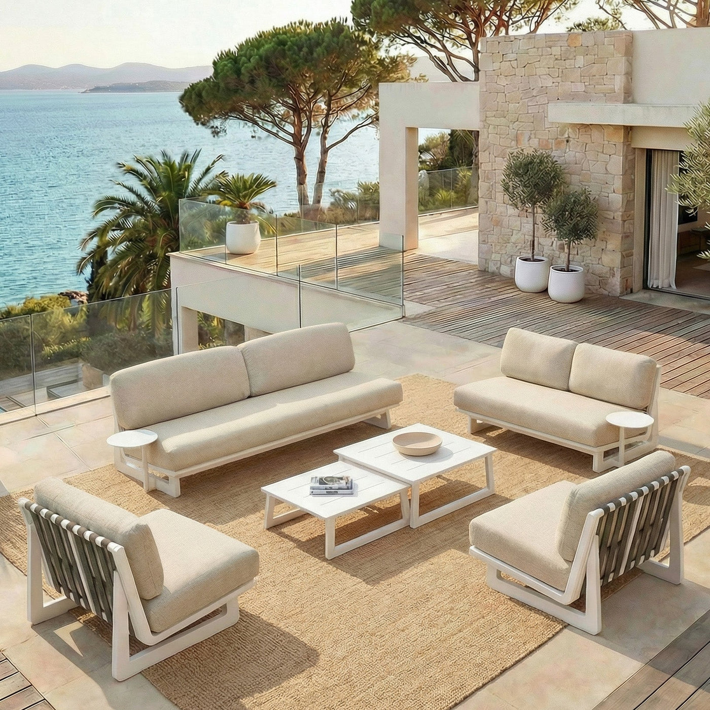 Salon de jardin Long Beach pour 7 places de la marque Meublot, ensemble de meubles d'extérieur en bois et tissu.